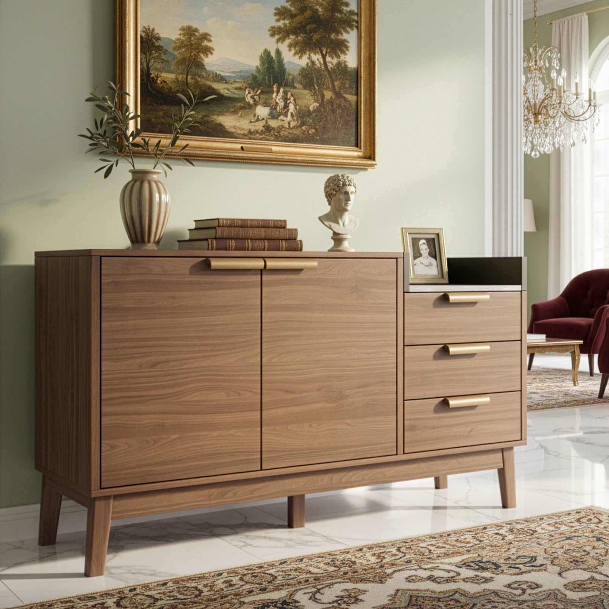 Komoda z 2 drzwiami, 3 szufladami i blatem imitującym marmur - 120 x 40 x 77 cm - MDF + lite drewno - Ciemny dąb