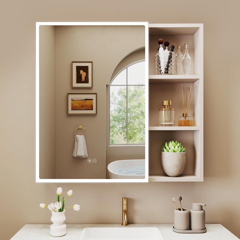 Szafka łazienkowa z lustrem i oświetleniem LED, przeciwmgielne, 75 x 70 cm | Rama aluminiowa, szkło hartowane. 3 barwy światła.