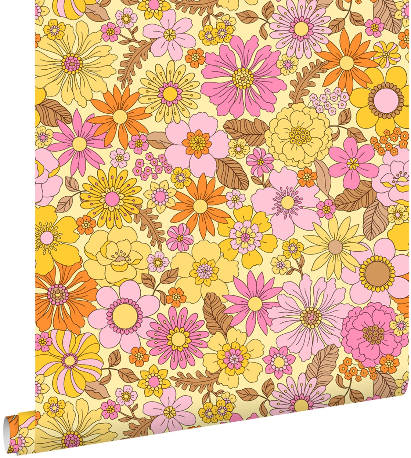 Tapeta retro kwiaty żółty, różowy i pomarańczowy - 50 x 900 cm - ESTAHOME