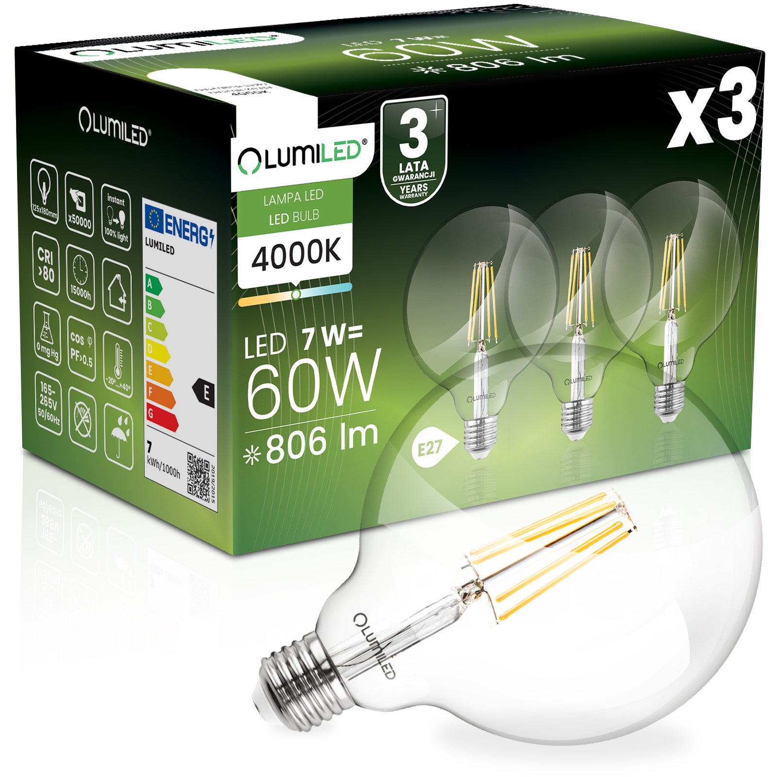 Żarówka LED Lumiled E27 Kula G125 7W 806lm 4000K Neutralna biel 360st Filament 3 szt.