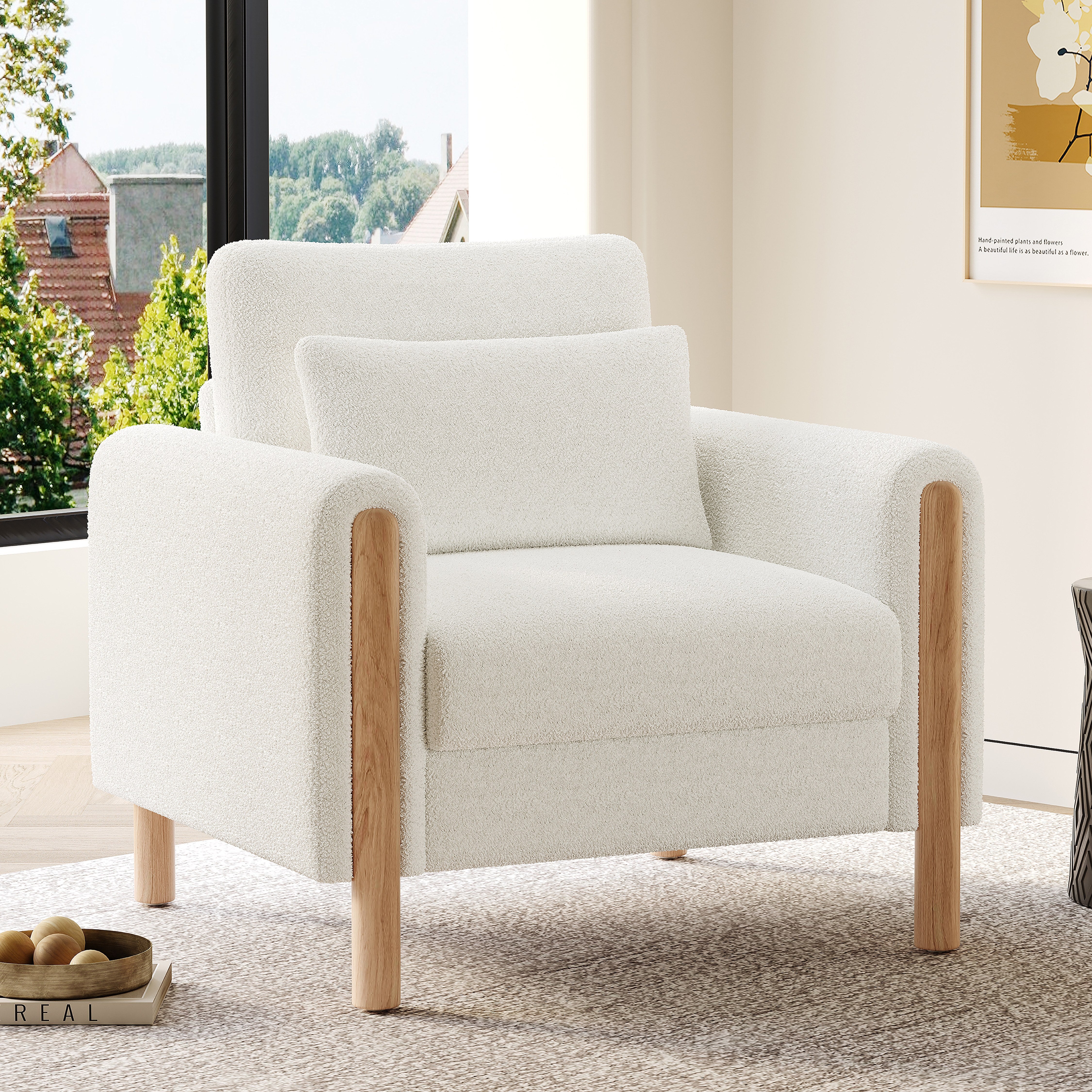 Fotel z podłokietnikami - 87 x 83 x 88,5 cm - tkanina Teddy i nogi z litego drewna - do salonu lub sypialni - biały