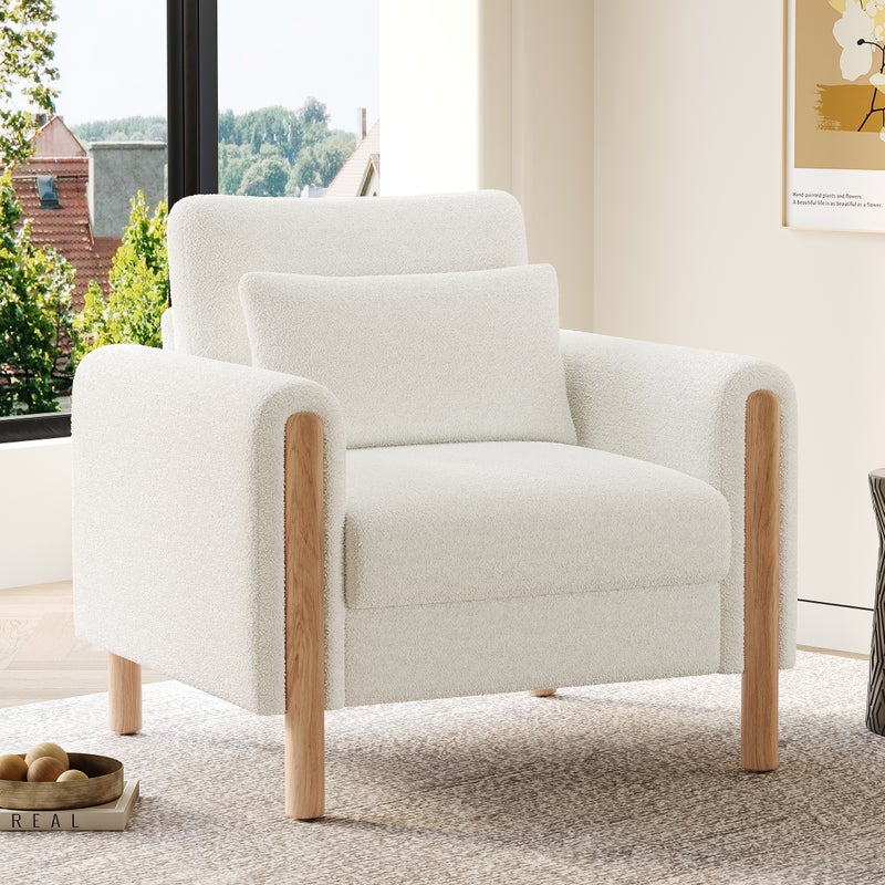 Fotel z podłokietnikami - 87 x 83 x 88,5 cm - tkanina Teddy i nogi z litego drewna - do salonu lub sypialni - biały