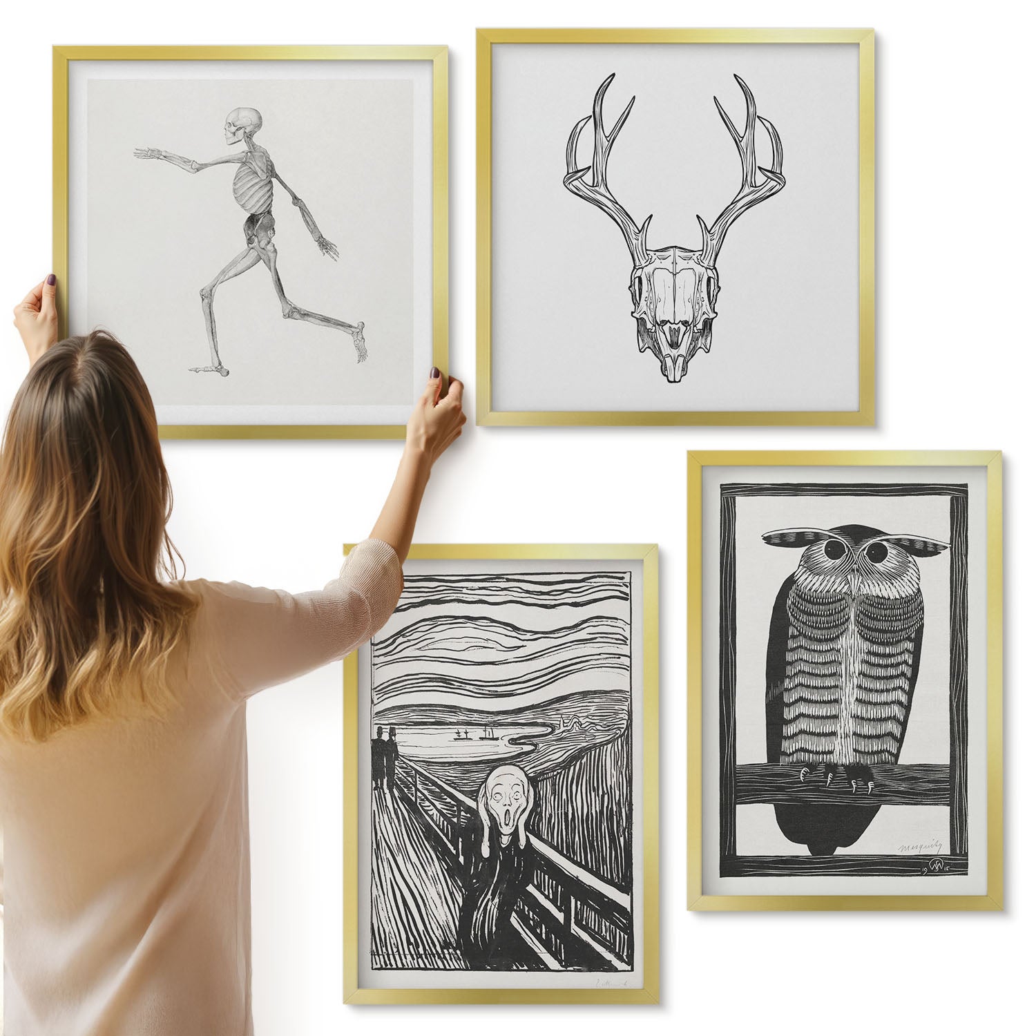 Galeria ścienna 4-częściowy komplet obrazów w złotych ramach - Inspiracja obrazem Krzyk z czaszką i sową w stylu graficznym - ArtPrintCave