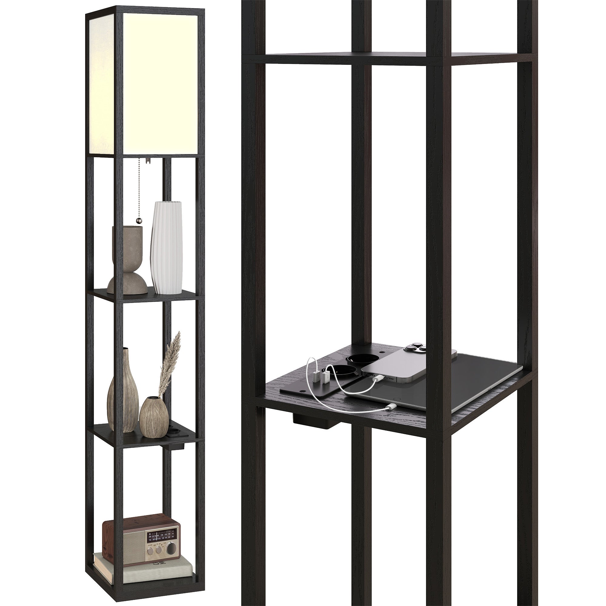 Lampa podłogowa z półkami, ściemnialnym oświetleniem, włącznikiem nożnym i portami USB, czarna