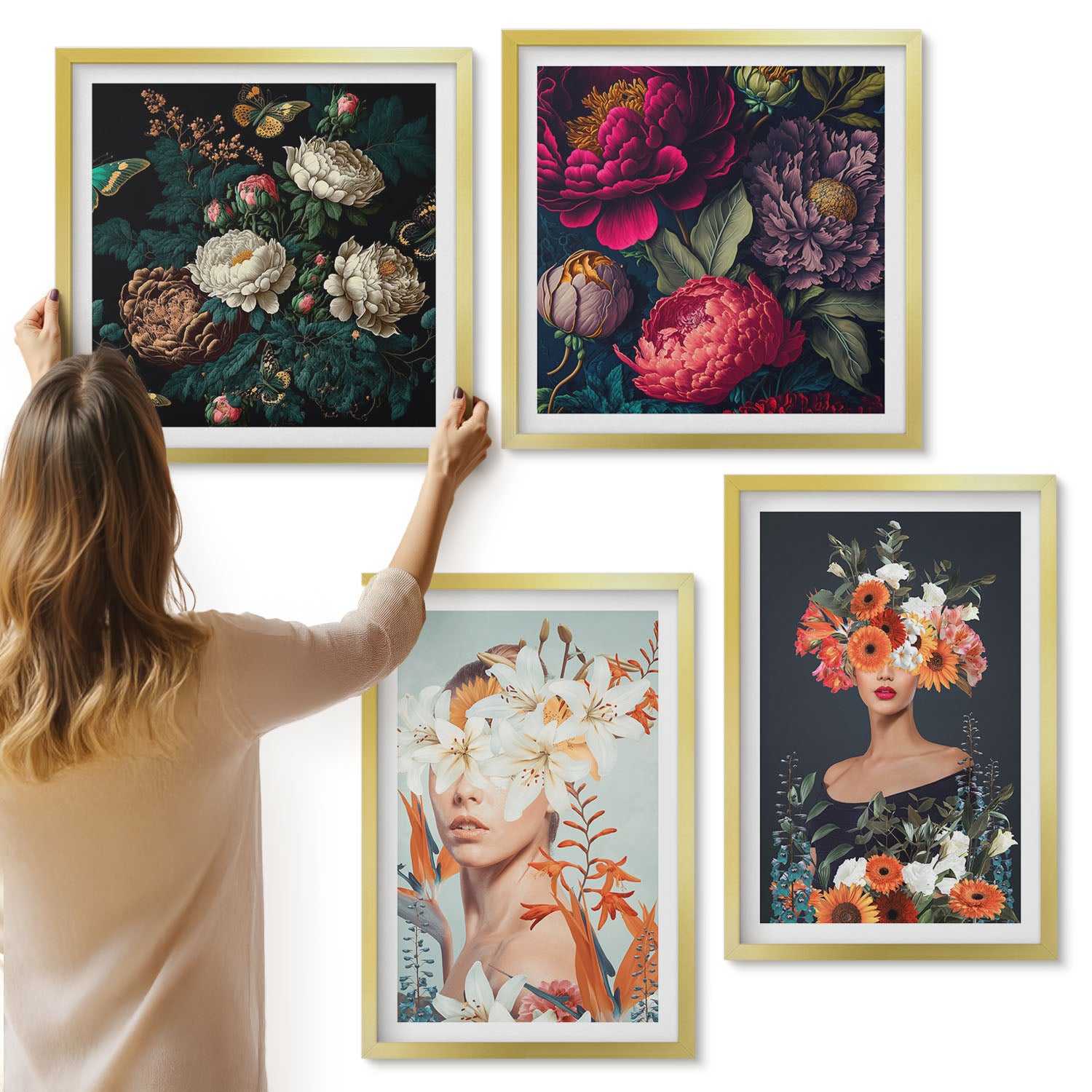 Galeria ścienna 4-częściowy komplet obrazów w złotych ramach - Kwiatowe portrety z kolorowymi bukietami i liśćmi - ArtPrintCave