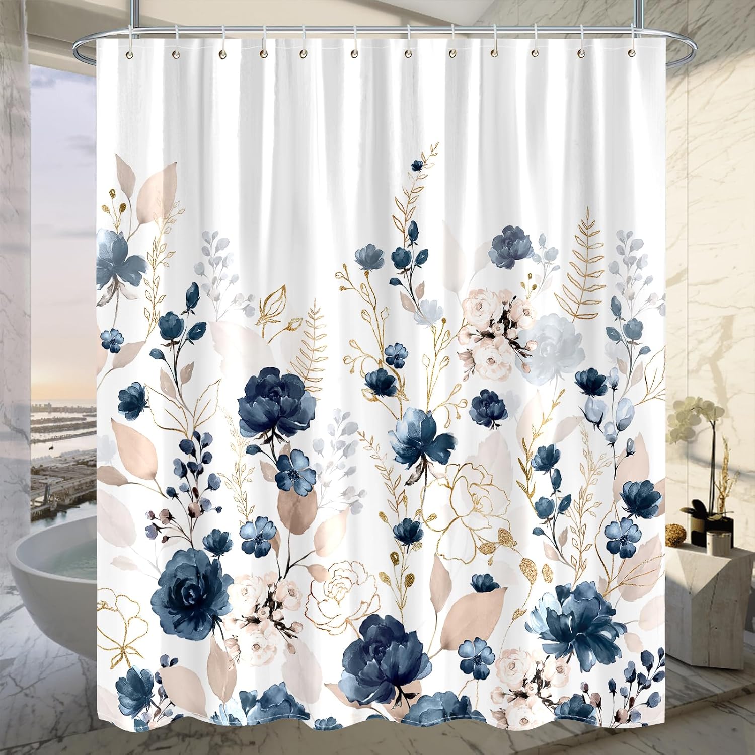 Wodoodporna zasłona prysznicowa w kwiaty w odcieniach akwareli, elegancka kwiatowa zasłona do wanny z 12 haczykami, 180 cm x 180 cm