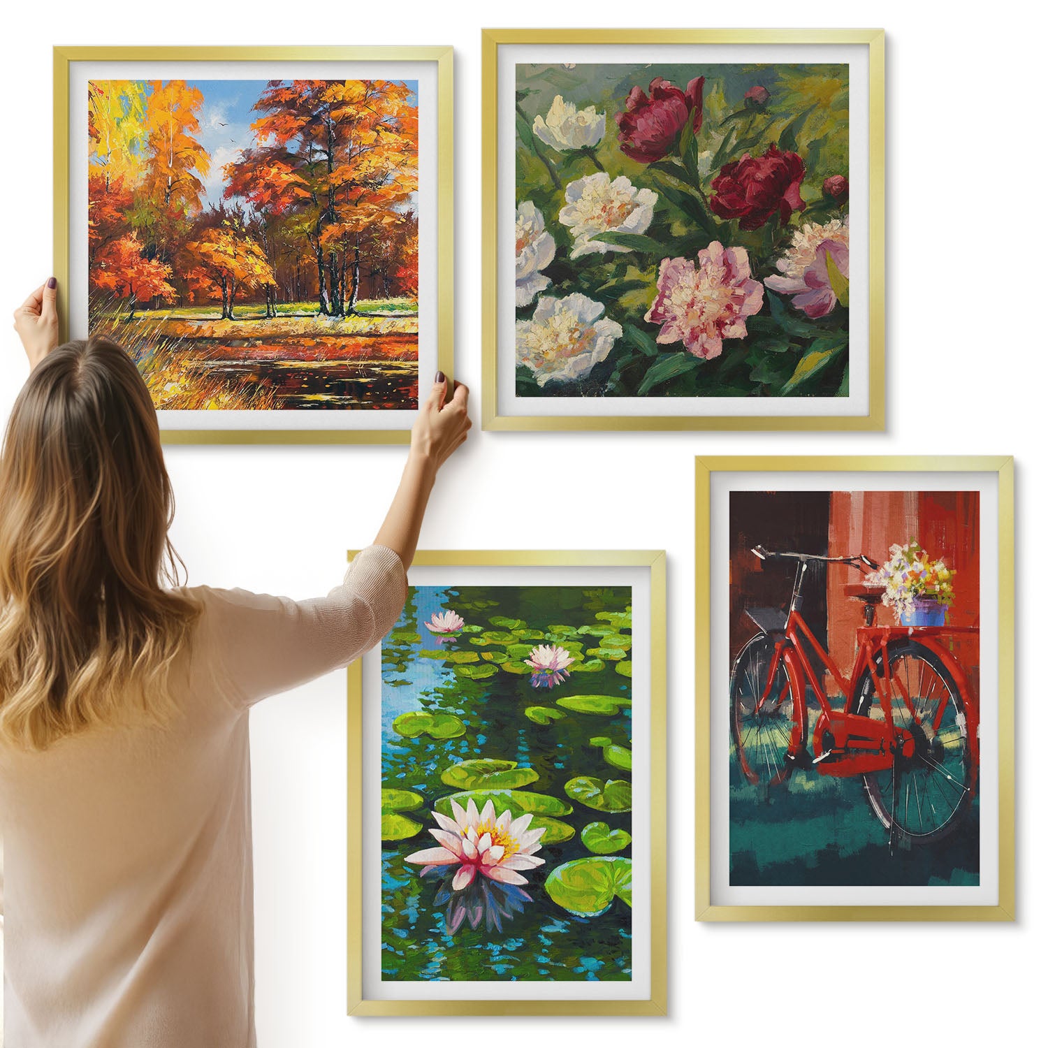 Galeria ścienna 4-częściowy komplet obrazów w złotych ramach - Kolory jesieni staw z liliami rower na tarasie - ArtPrintCave
