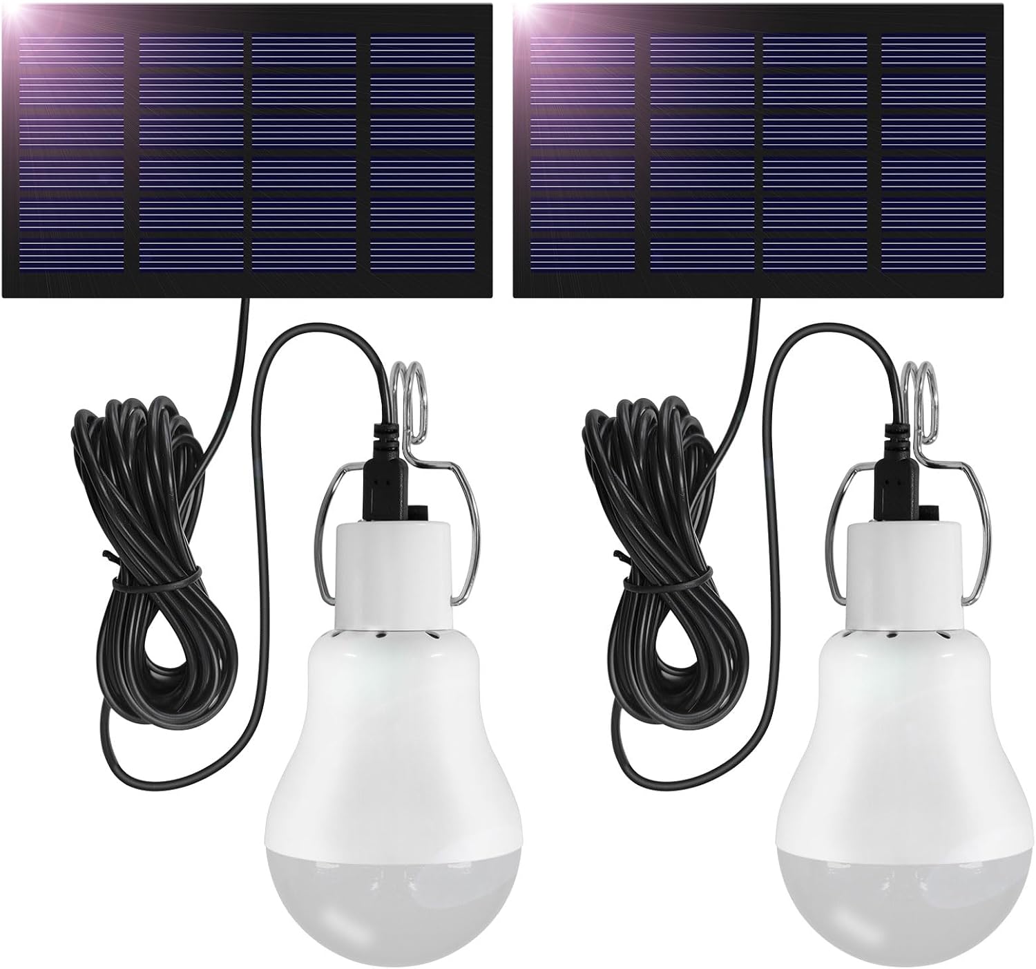 Wisząca lampa zewnętrzna LED 5 W z kablem 3 m, przenośna latarnia z panelem słonecznym, akumulatorowa żarówka LED, 2 zestawy
