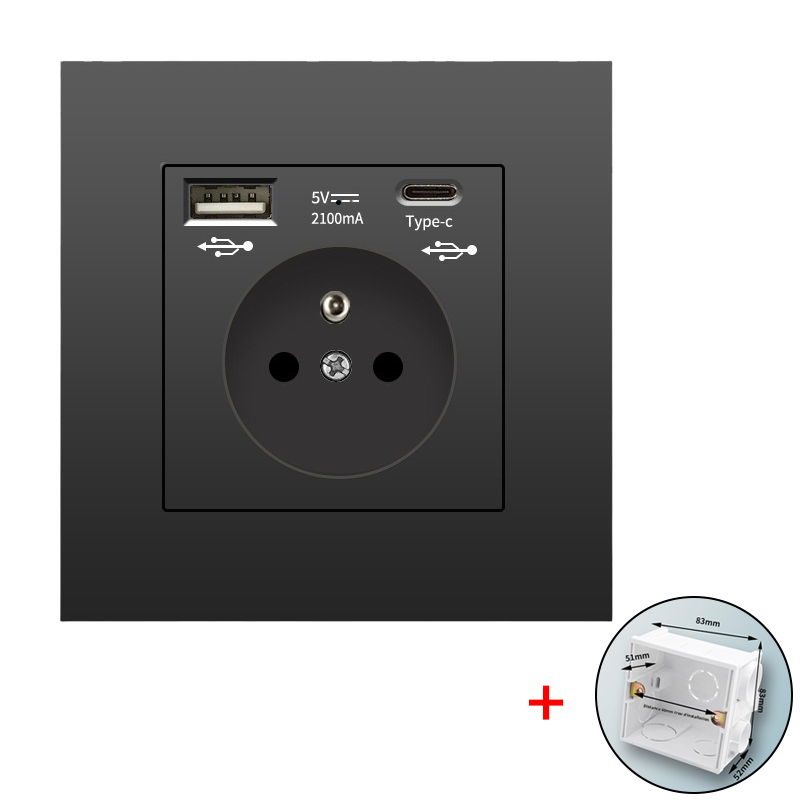 Gniazdo ścienne z USB i Type-C, 5 V - 2,1 A, standardowe wbudowane gniazdo USB UE, francuski przedłużacz z obudową montażową, 110-250 V (czarne)