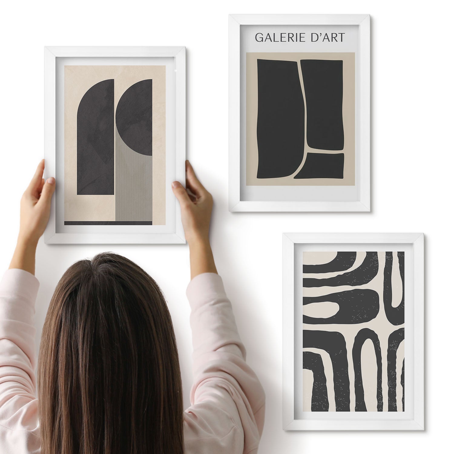 Galeria ścienna 3-częściowy komplet obrazów w białych ramach - Abstrakcyjne kształty minimalistyczne postery - ArtPrintCave