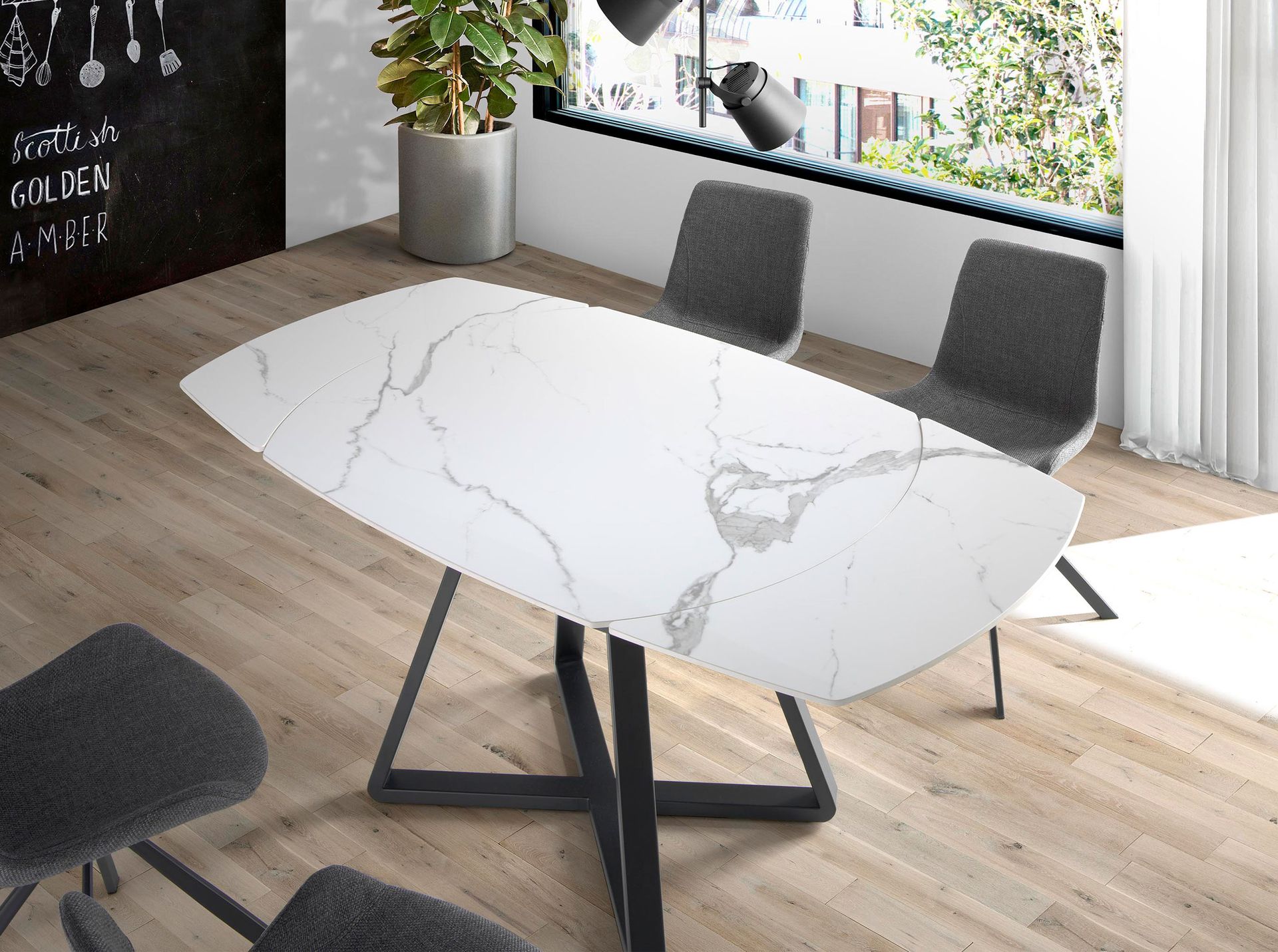 ANGEL CERDA Rozkładany stół do jadalni owalna lufa marmur porcelanowy i stal czarna