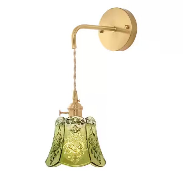 Zielona lampa ścienna w stylu vintage, klosz ze szkła z motywem róży, regulowany łańcuch, kinkiet, lampka nocna, bez źródła światła