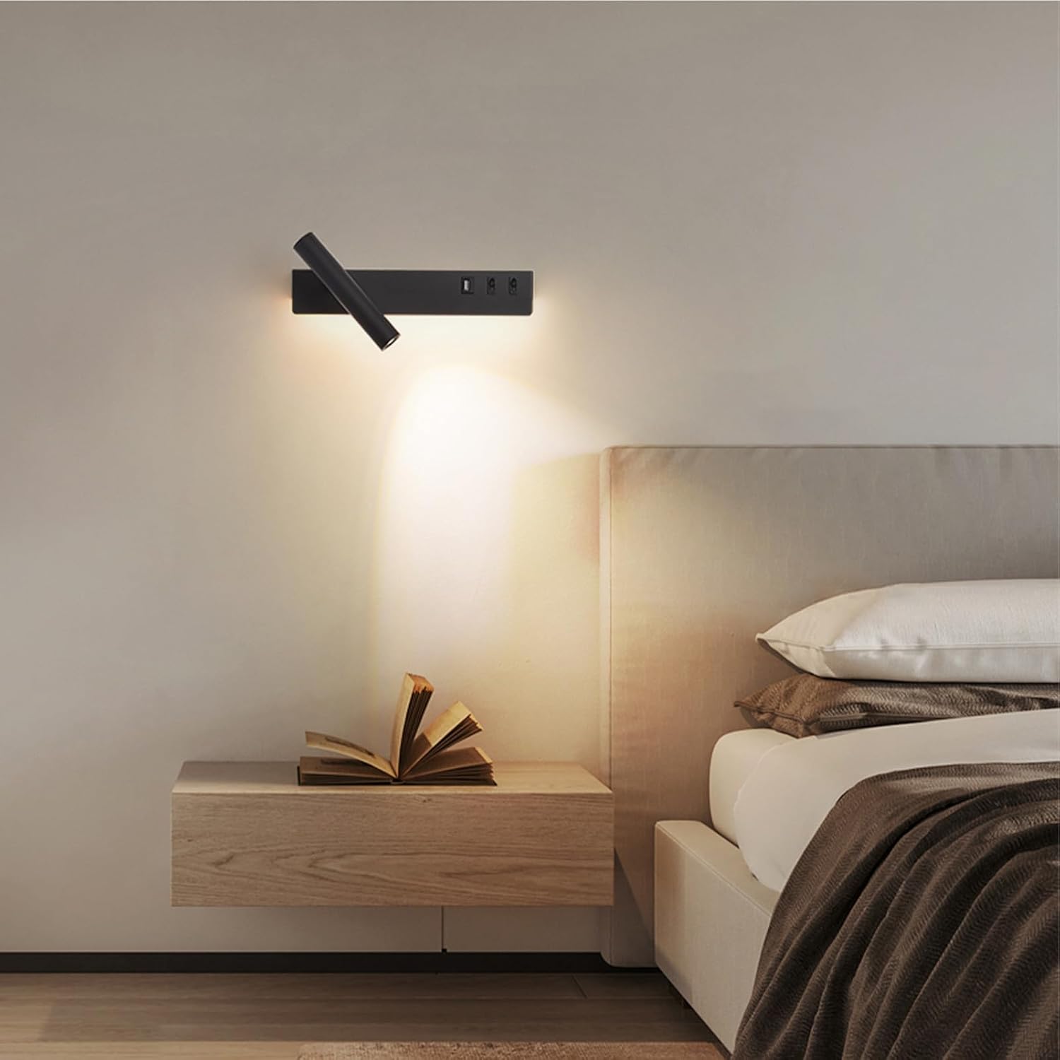 Obrotowa lampa ścienna do wnętrz 350° – port ładowania USB – (czarna + lewa strona – ściemnianie trójkolorowe (ciepłe światło reflektora))