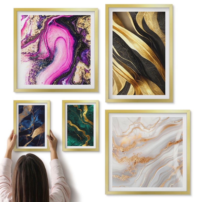 Galeria ścienna 5-częściowy komplet obrazów w złotych ramach - Abstrakcyjne wzory w stylu nowoczesnym z metalicznymi akcentami - ArtPrintCave
