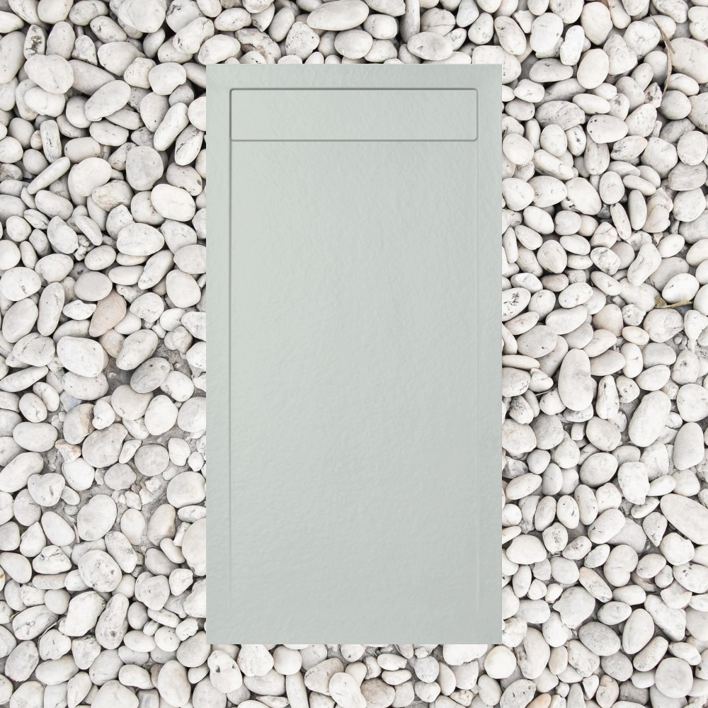 Brodzik prysznicowy, 70×200 cm, Vulcano Line Slim, perłowoszary RAL 7035, z marmurową kratką odpływową, żywica i marmur, odpływ w zestawie – FRASCIO