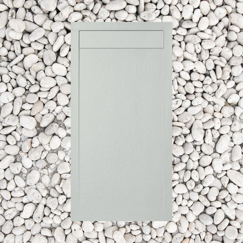 Brodzik prysznicowy, 70×200 cm, Vulcano Line Slim, perłowoszary RAL 7035, z marmurową kratką odpływową, żywica i marmur, odpływ w zestawie – FRASCIO