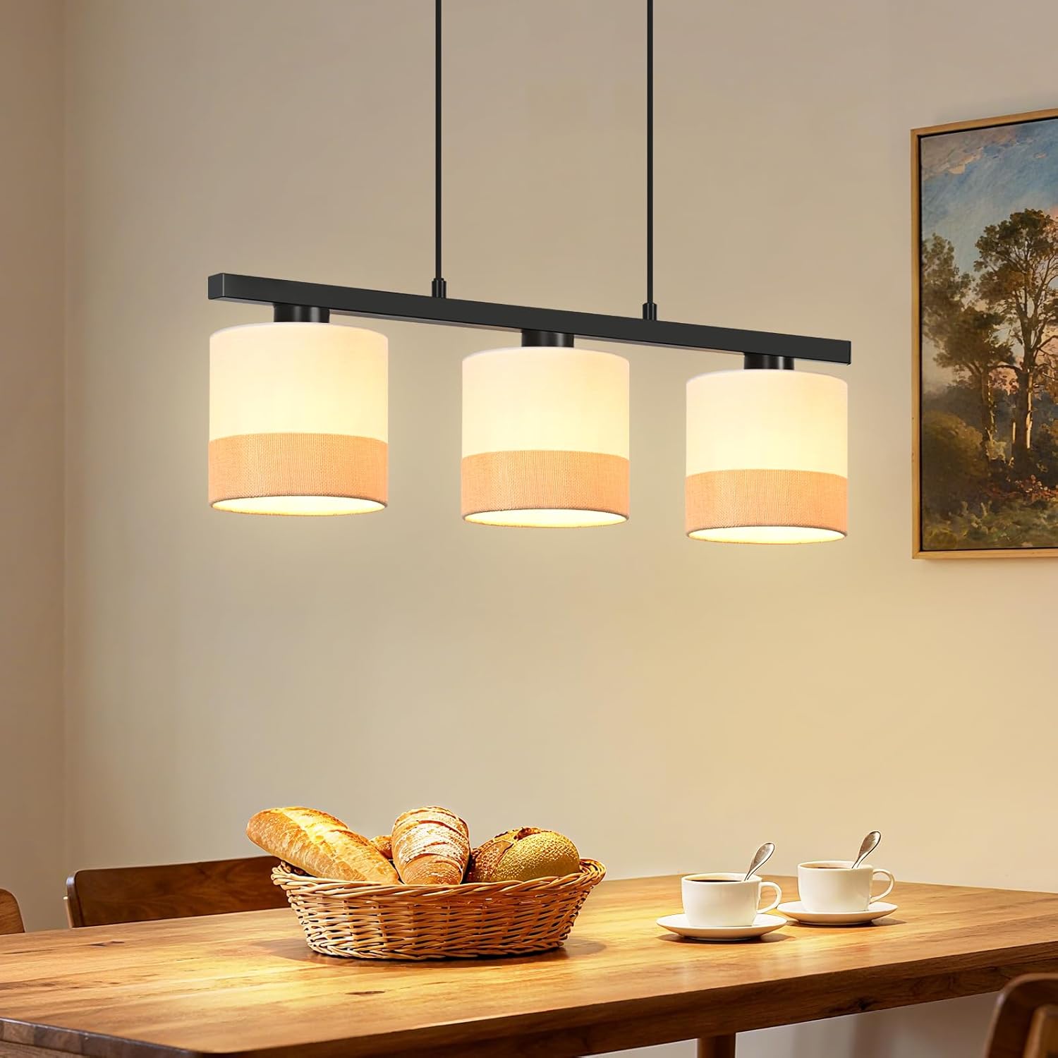 Nettlife Lampa wisząca E27, Żyrandol 3-punktowy Vintage, Klosz z białej tkaniny, Regulowana wysokość, Retro, nad stół jadalny, do kuchni