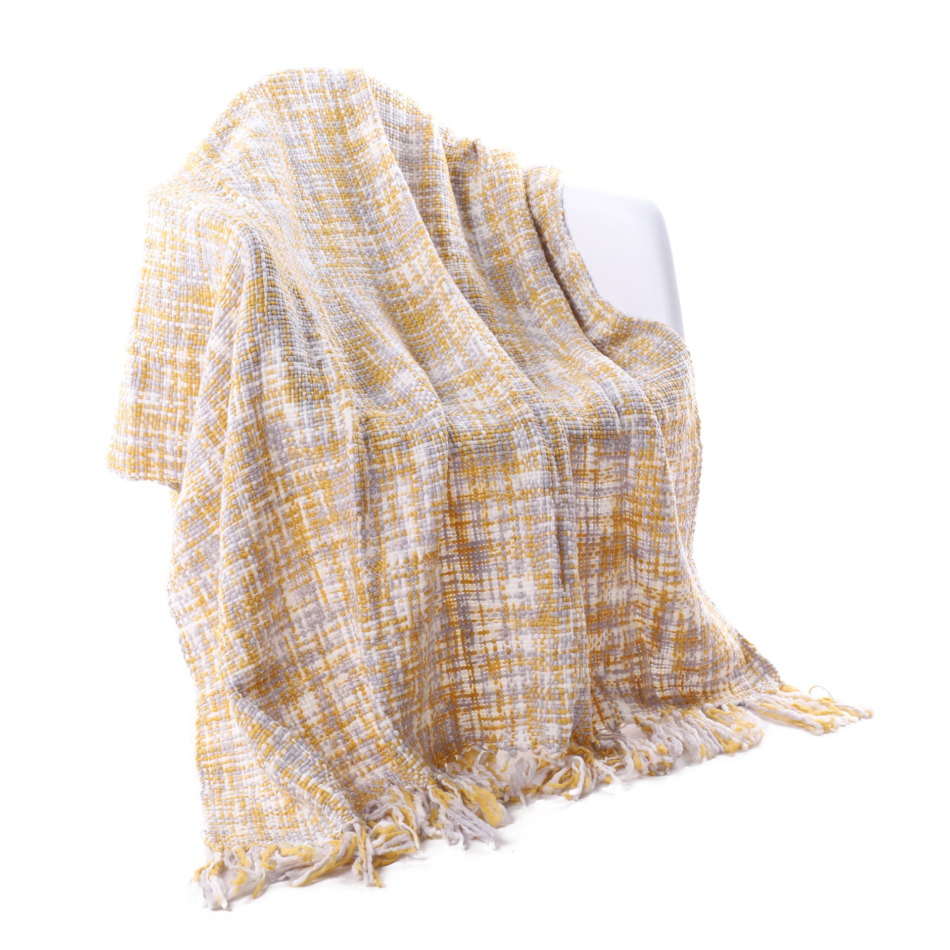 Dzianinowy pled z pomponami w stylu boho, żółty, 127 x 152 cm, koc na sofę, koc podróżny, koc do drzemki