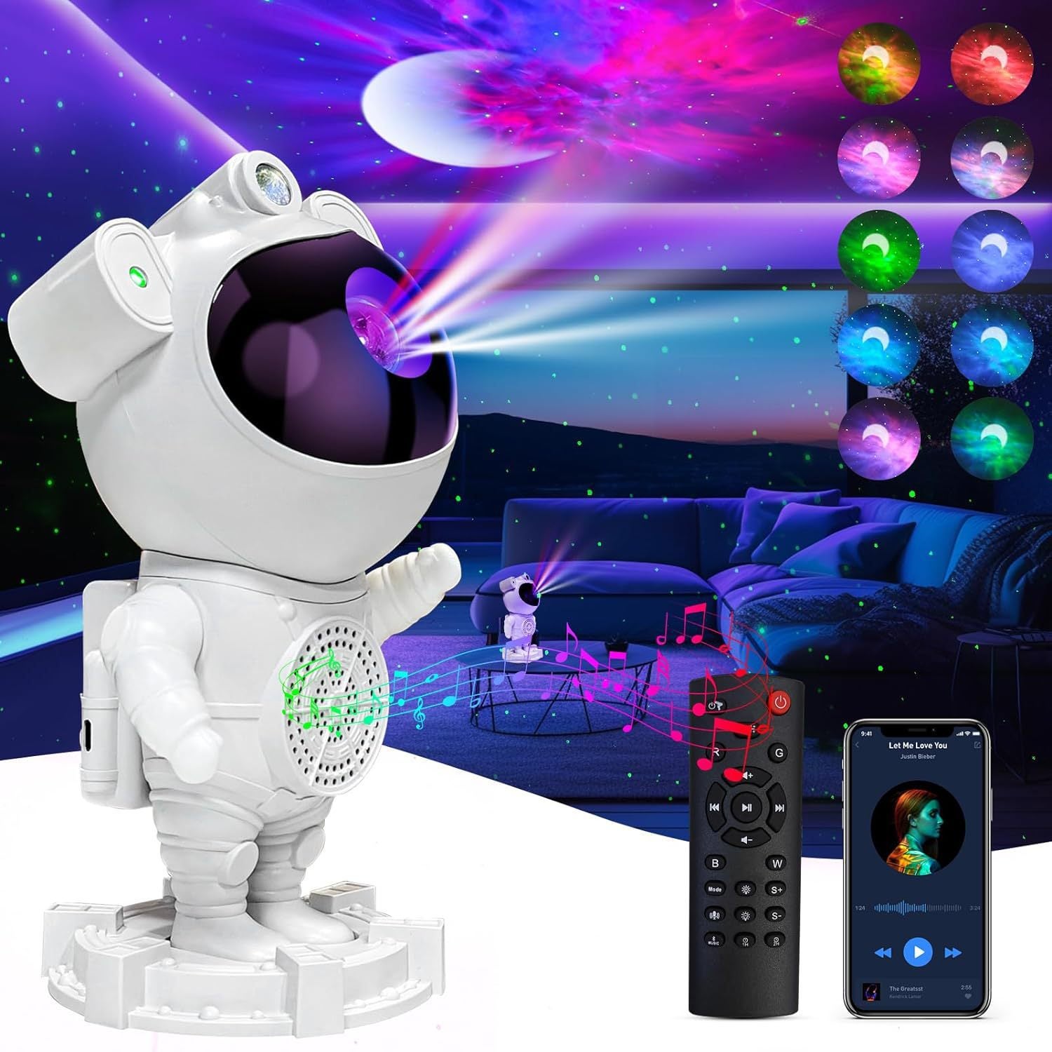 Projektor Galaxy Astronaut, głośnik Bluetooth, biały szum do snu, regulowana zmiana kolorów 360°, z pilotem i timerem, lampka nocna dla dzieci i doros
