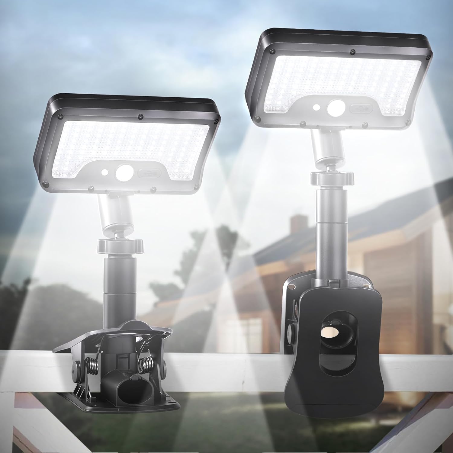 Zewnętrzna lampa solarna z klipsem i czujnikiem ruchu, odpowiednia na tarasy, kempingi i inne miejsca (opakowanie 2 szt., białe światło)