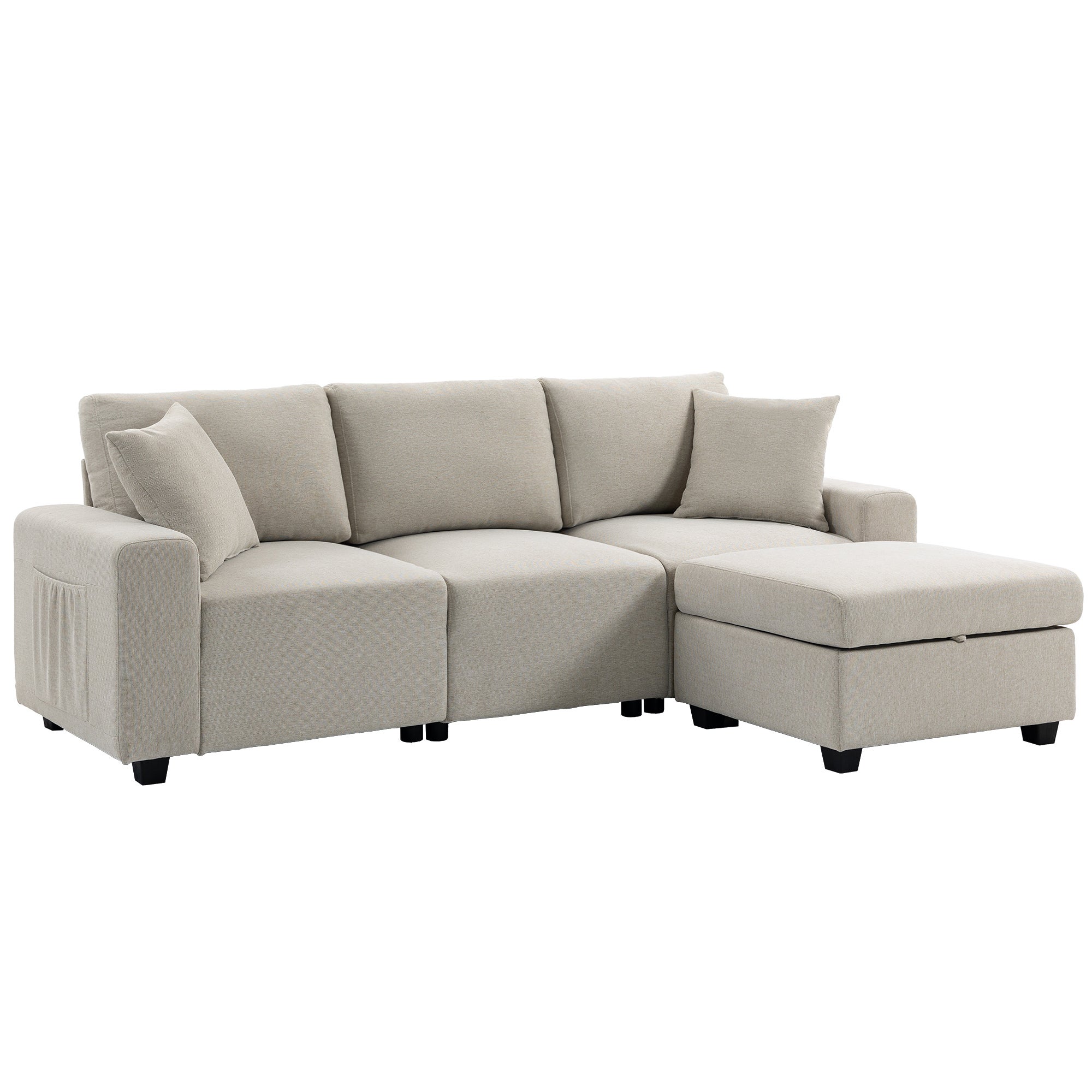 Trzyosobowa sofa narożna w tkaninie imitującej len z wyjmowanym podnóżkiem i schowkiem, 2 poduszki, beżowa