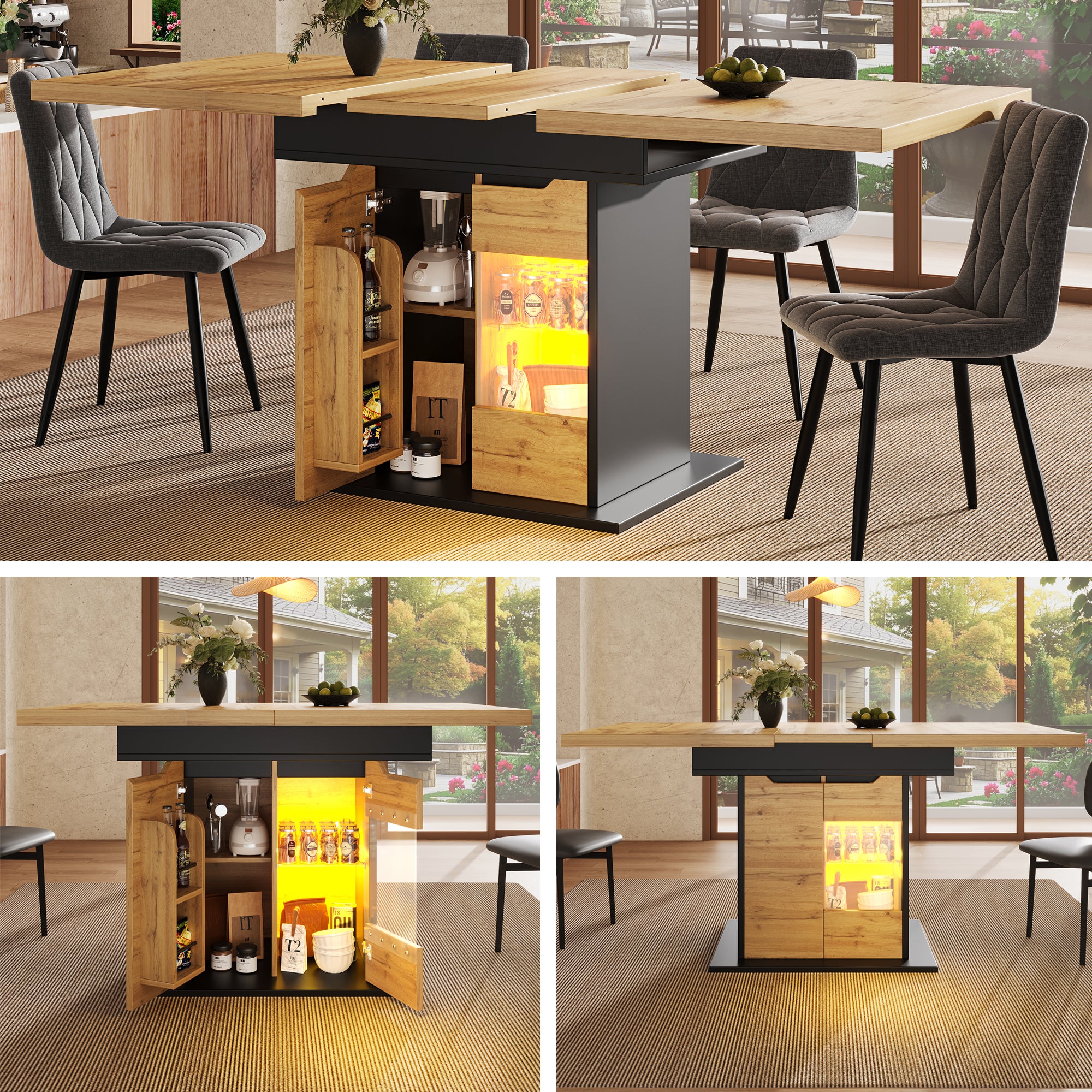 Rozkładany stół jadalny (110-140 x 80 cm) – dla 4-6 osób – z oświetleniem LED i półką na przekąski – płyta MDF + metal – 2 drzwi, brązowy