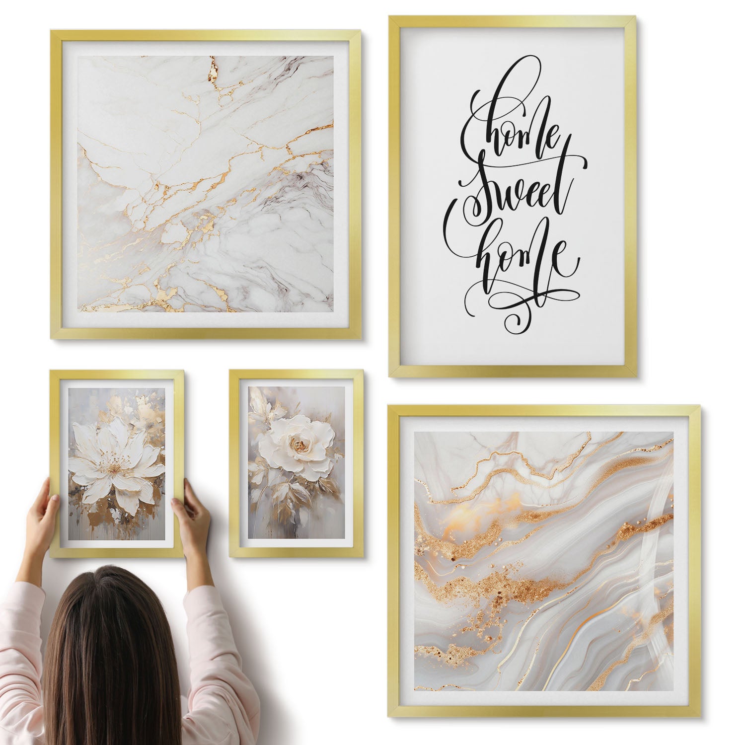 Galeria ścienna 5-częściowy komplet obrazów w złotych ramach - Stylowe kwiaty i eleganckie marmurowe wzory do wnętrz - ArtPrintCave