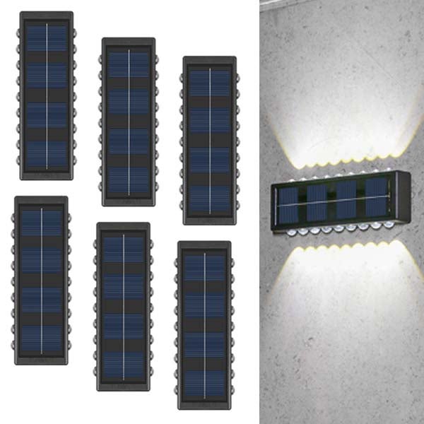 6 szt. Lamp Solarnych Góra/Dół, Solarna Lampa Ścienna - 18 LED, Białe światło, Up/Down Light, IP65, Idealne na Taras/Oświetlenie Krajobrazu