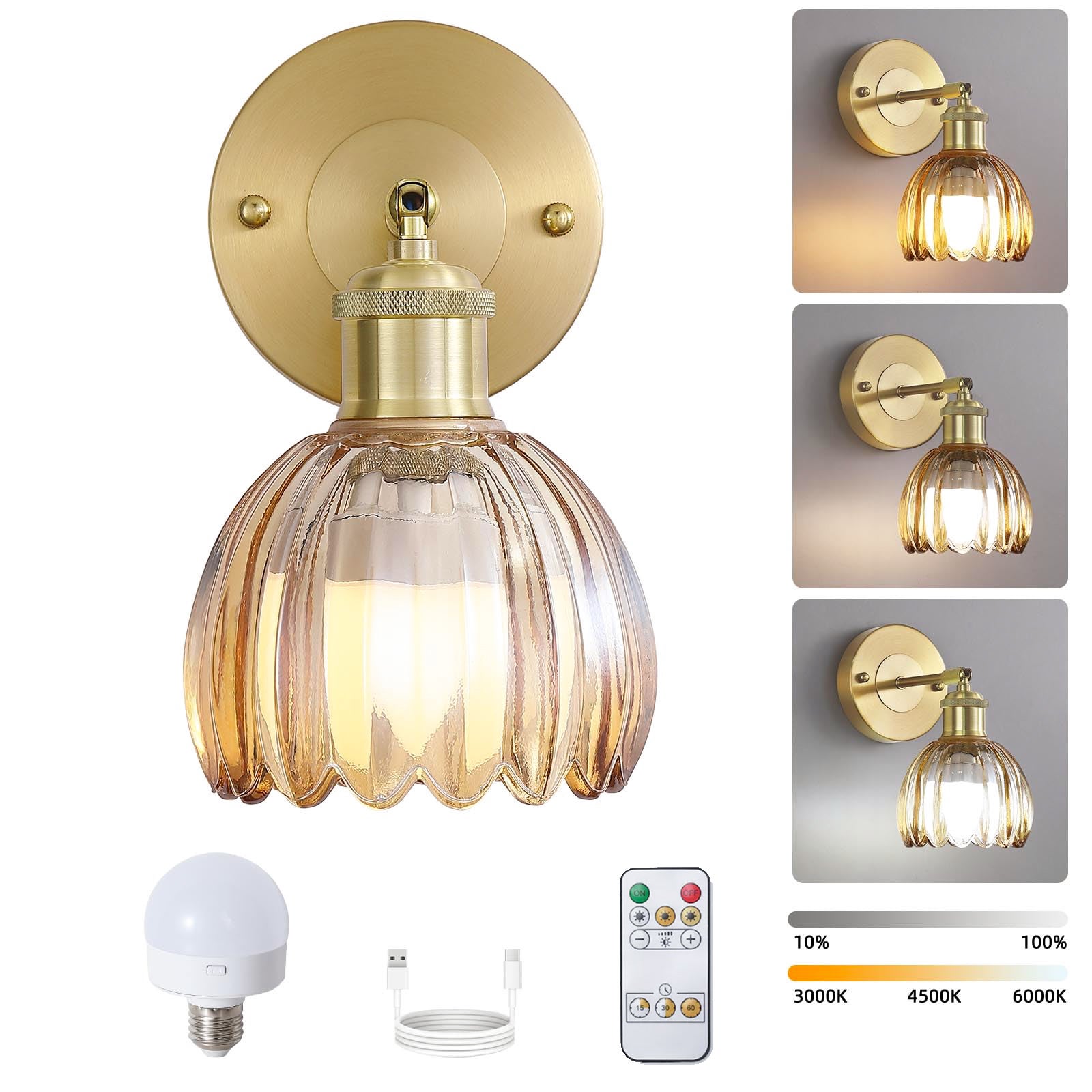 Akumulatorowa lampa ścienna z pilotem, bezprzewodowa lampka nocna LED, ściemniana, 3 temperatury barwowe 3000K-6000K, z żarówką