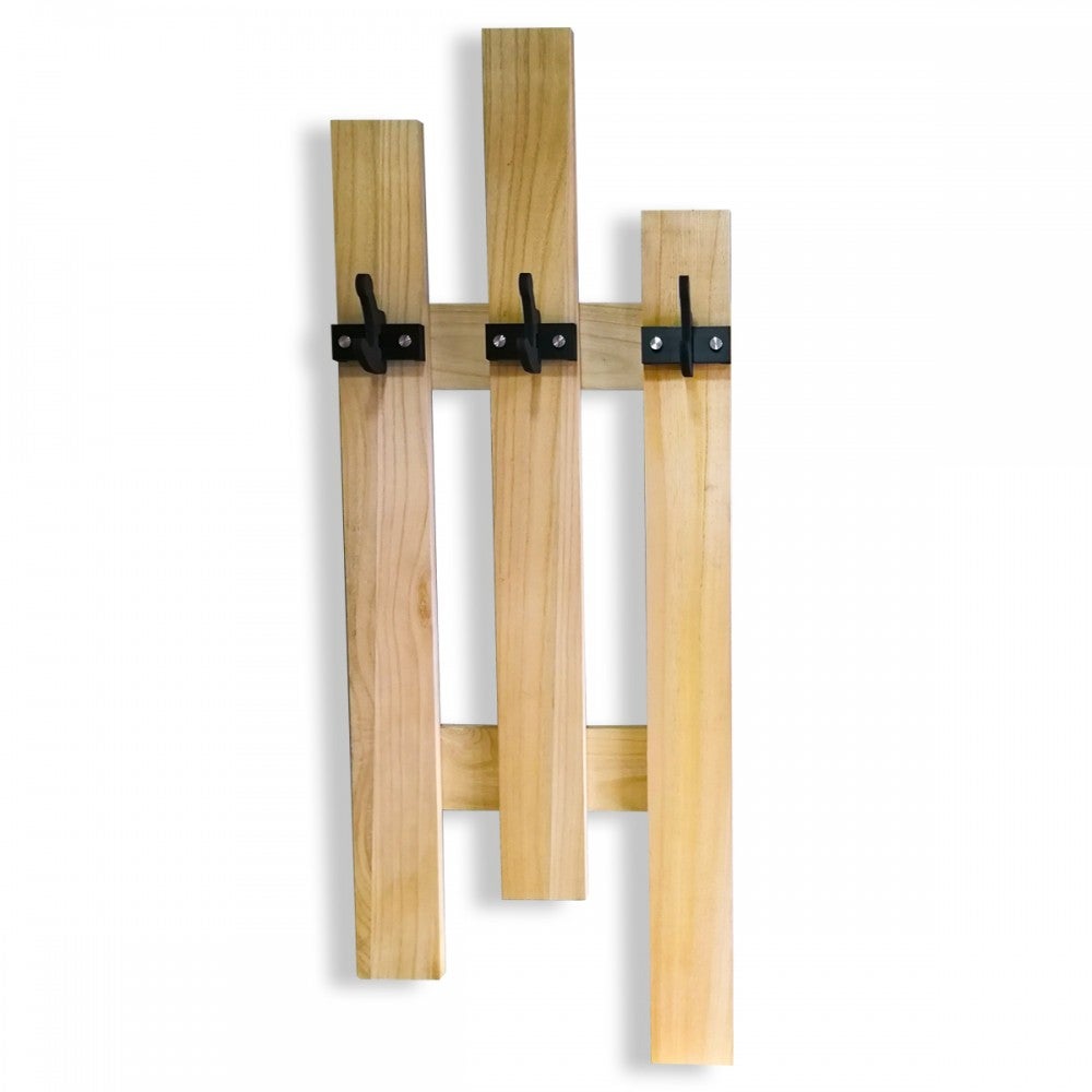 WIESZAK NA UBRANIA z drewna naturalnego szlifowanego z czarnymi haczykami z tworzywa PVC, wymiary 54x121 cm
