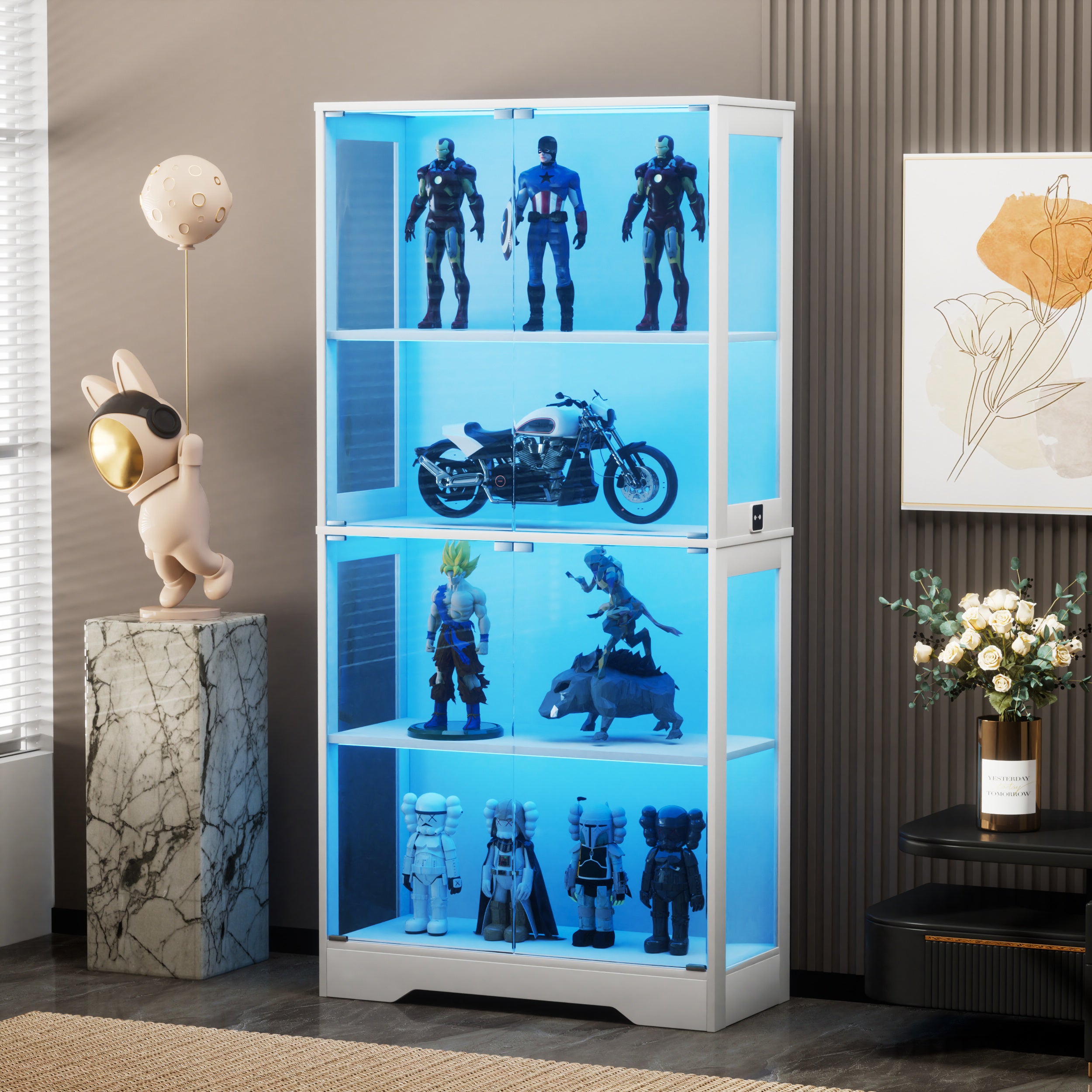Regał na książki 80 x 35 x 165 cm, z oświetleniem LED, z miejscem do przechowywania, biały, szkło oraz MDF