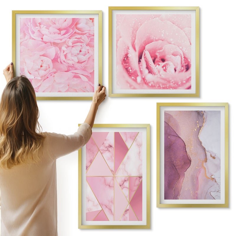 Galeria ścienna 4-częściowy komplet obrazów w złotych ramach - Różowe kwiaty piwonie geometryczne wzory - ArtPrintCave