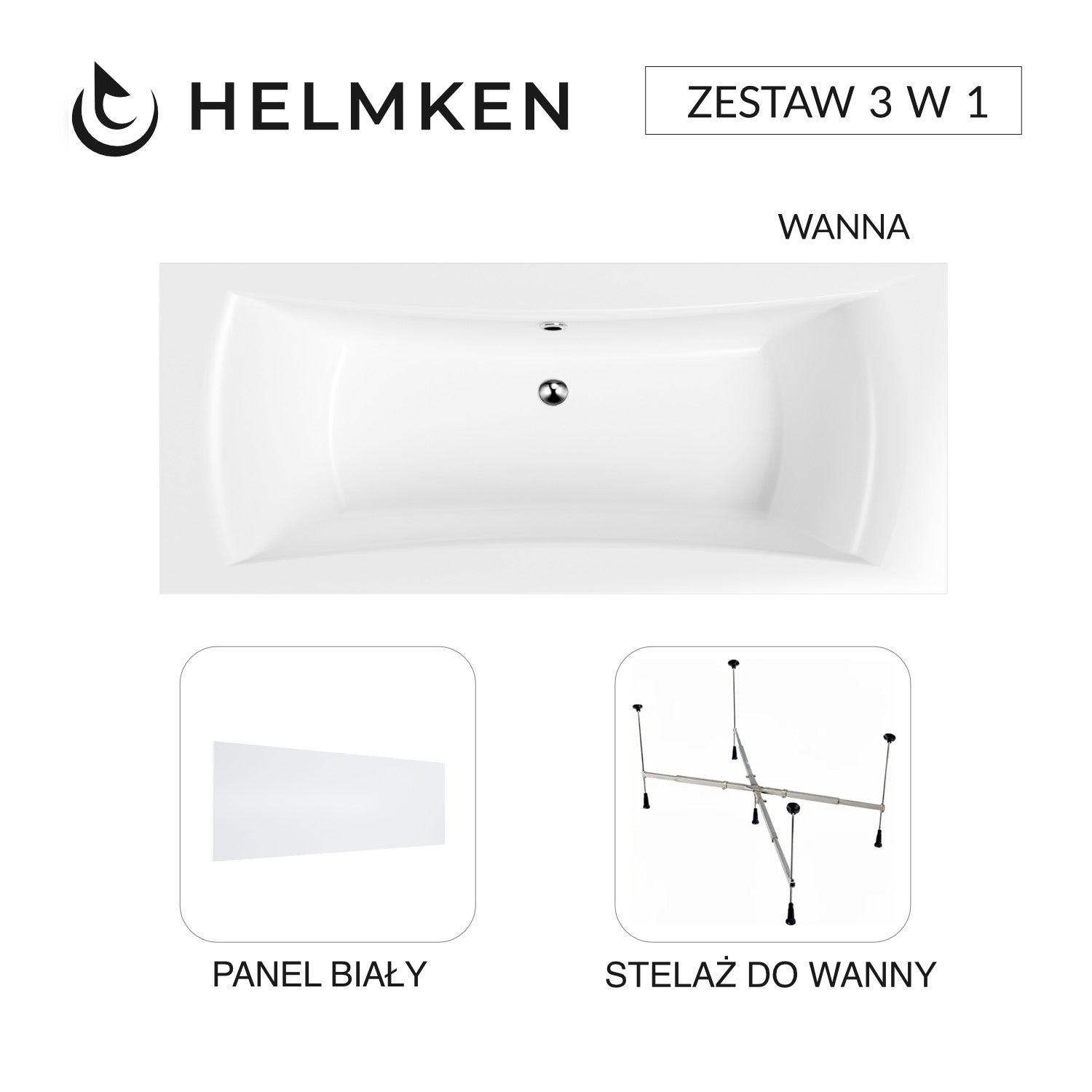 Wanna akrylowa Helmken Belgravia 190x90 + Panel Biały + Stelaż uniwersalny do wanien Helmken 21230020 / 35110190-3S