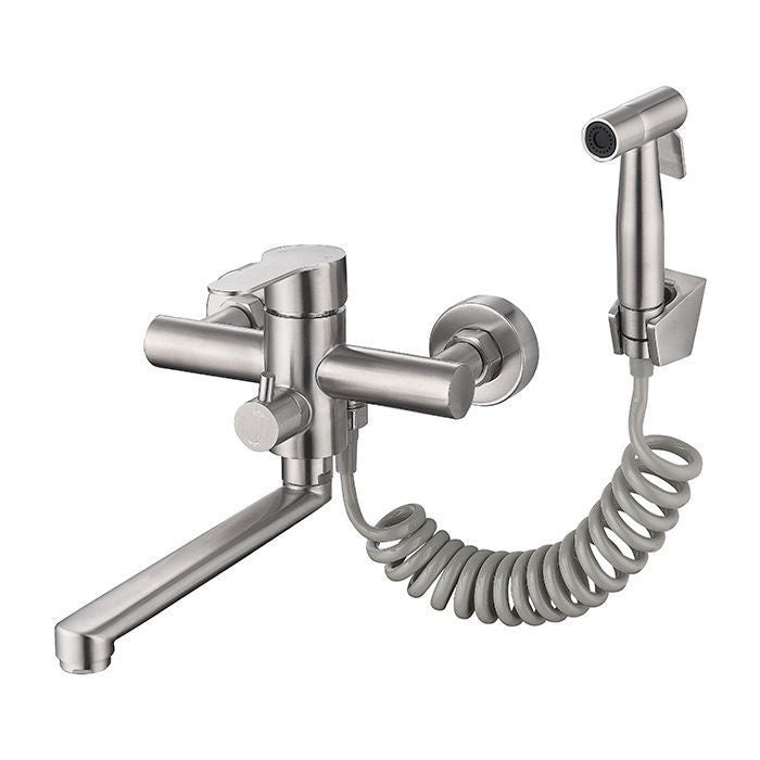 Bateria kuchenna ścienna, bateria kuchenna ścienna z mieszaczem i pistoletem natryskowym, bateria mieszaczowa obrotowa 360°, obrotowa wylewka 23 cm.