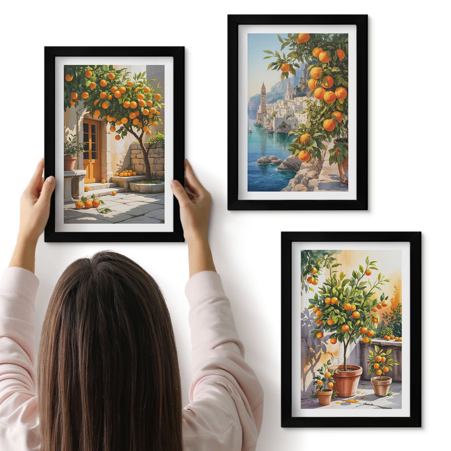 Galeria ścienna 3-częściowy komplet obrazów w czarnych ramach - Malowane cytrusy i krajobrazy nadmorskie - ArtPrintCave