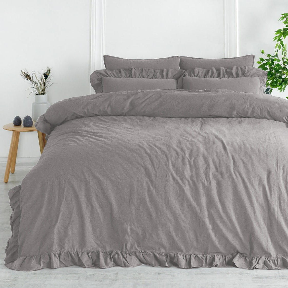 Pościel bawełniana z falbanką 220x200 Stonewashed Exclusive, Opal Grey, szara - Limasso