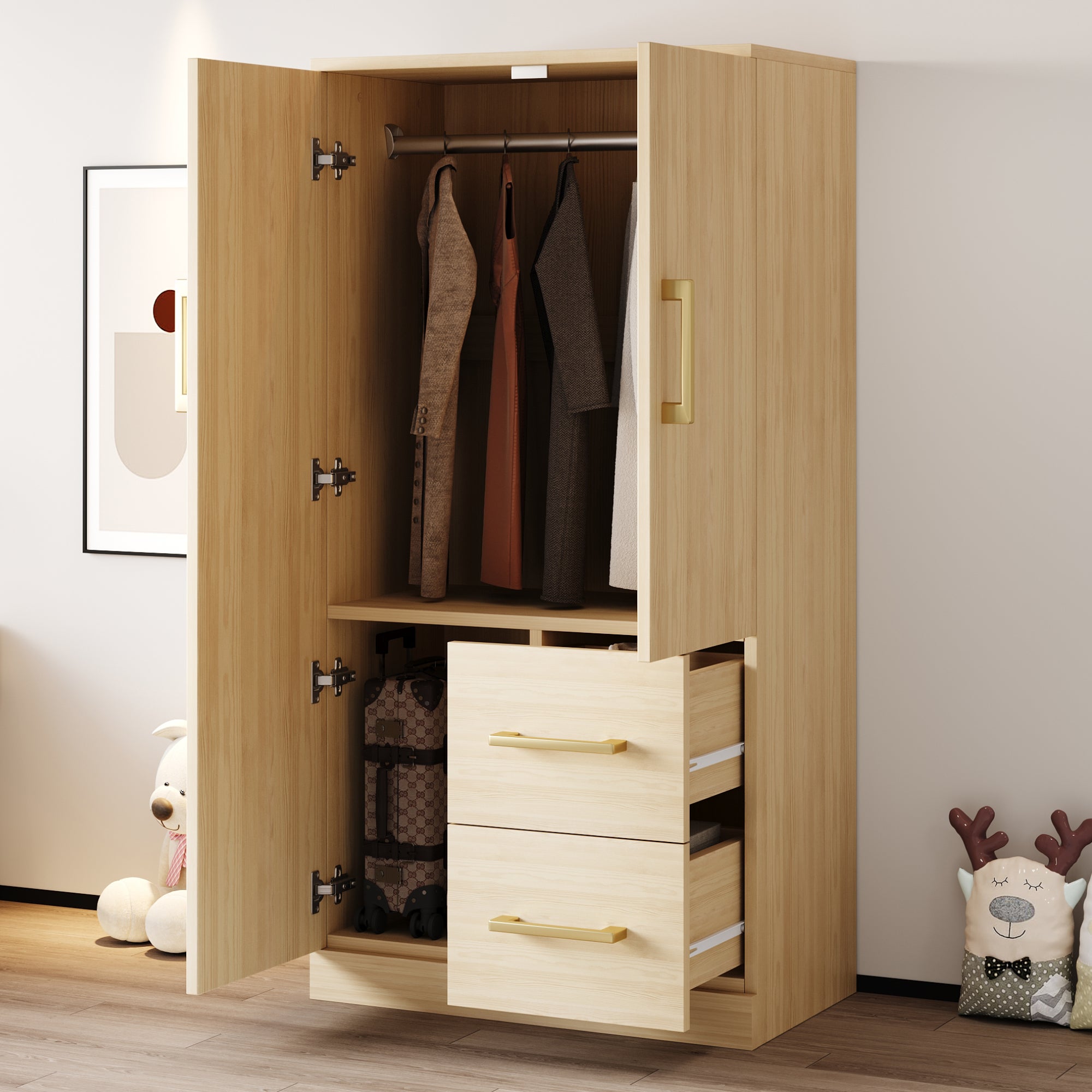 Szafa garderobiana 70 x 40 x 135 cm, z miejscem do przechowywania, w wykończeniu naturalnego drewna, naturalne drewno oraz MDF