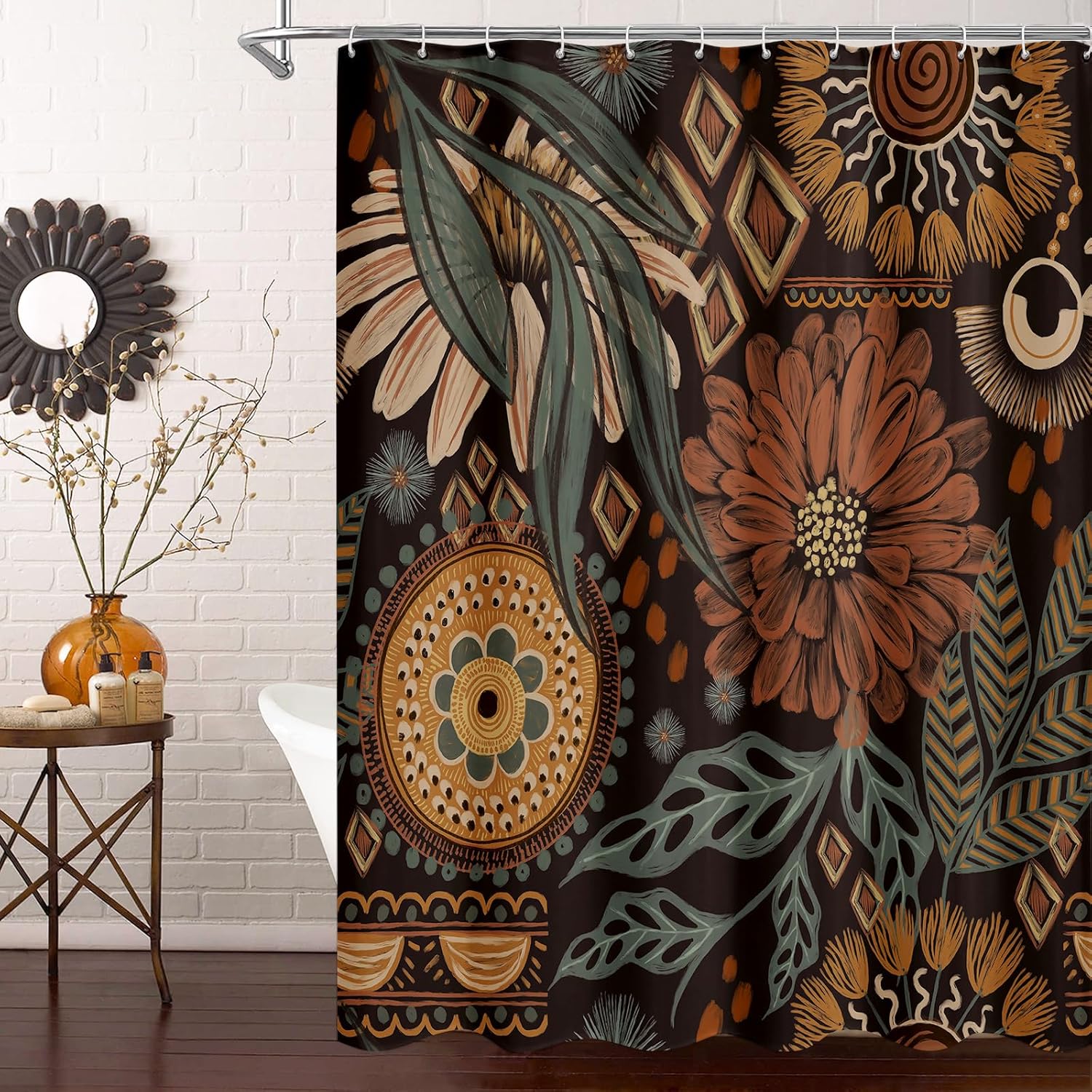 Bardzo długa, kwiatowa, boho zasłona prysznicowa, 180 x 200 cm, dekoracja i udekorowanie.
