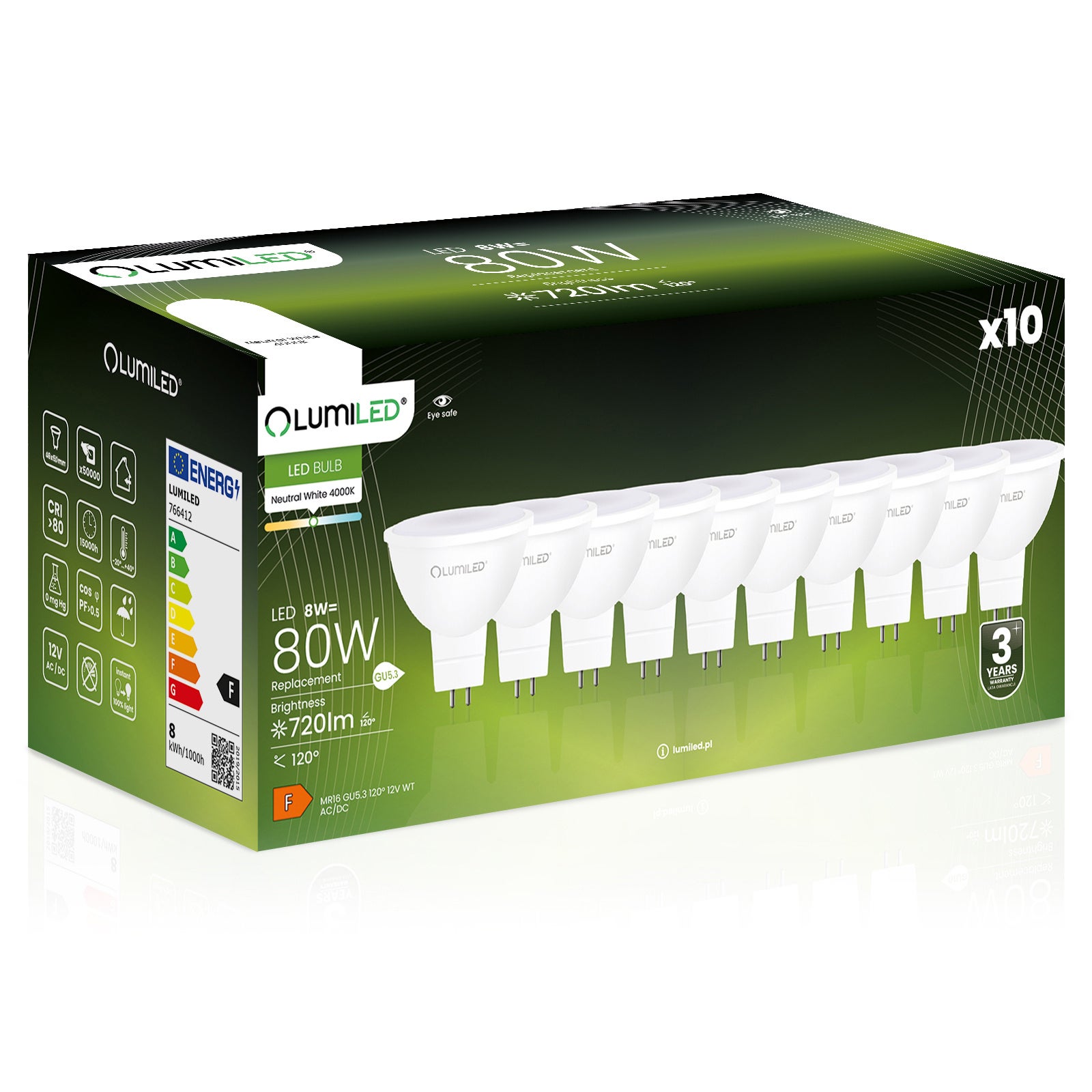 10x Żarówka Lumiled LED GU5.3 Reflektor MR16 8W = 80W 720lm 4000K Neutralna 120st 12V