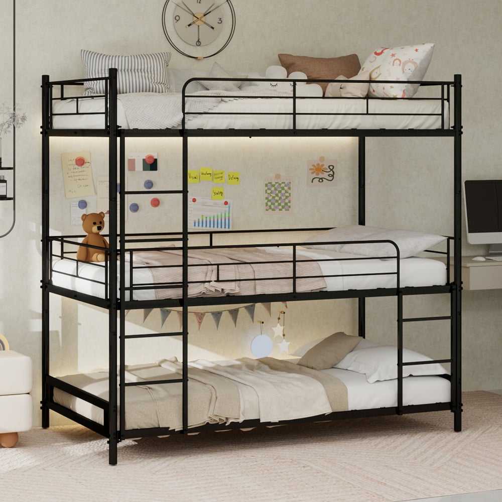 Lit superposé triple en métal avec échelle intégrée et garde-corps, structure robuste pour enfants et adultes, montage facile