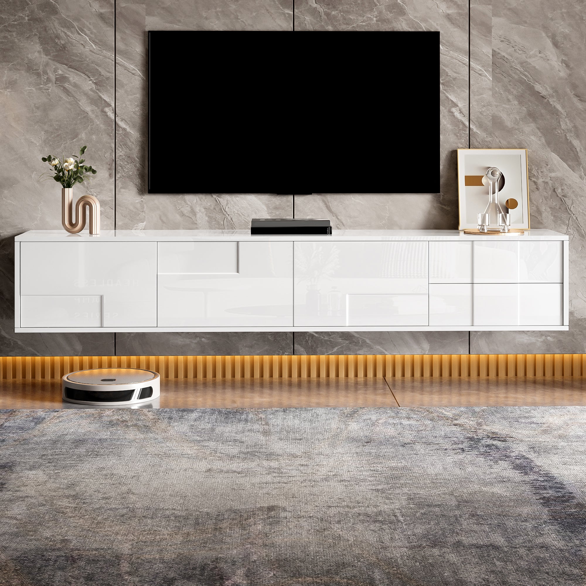 Nowoczesna szafka pod telewizor 170 x 30 x 30,5 cm - Montaż na ścianie lub wolnostojący - Wykończenie błyszczące - 3 drzwi i 2 szuflady - biały