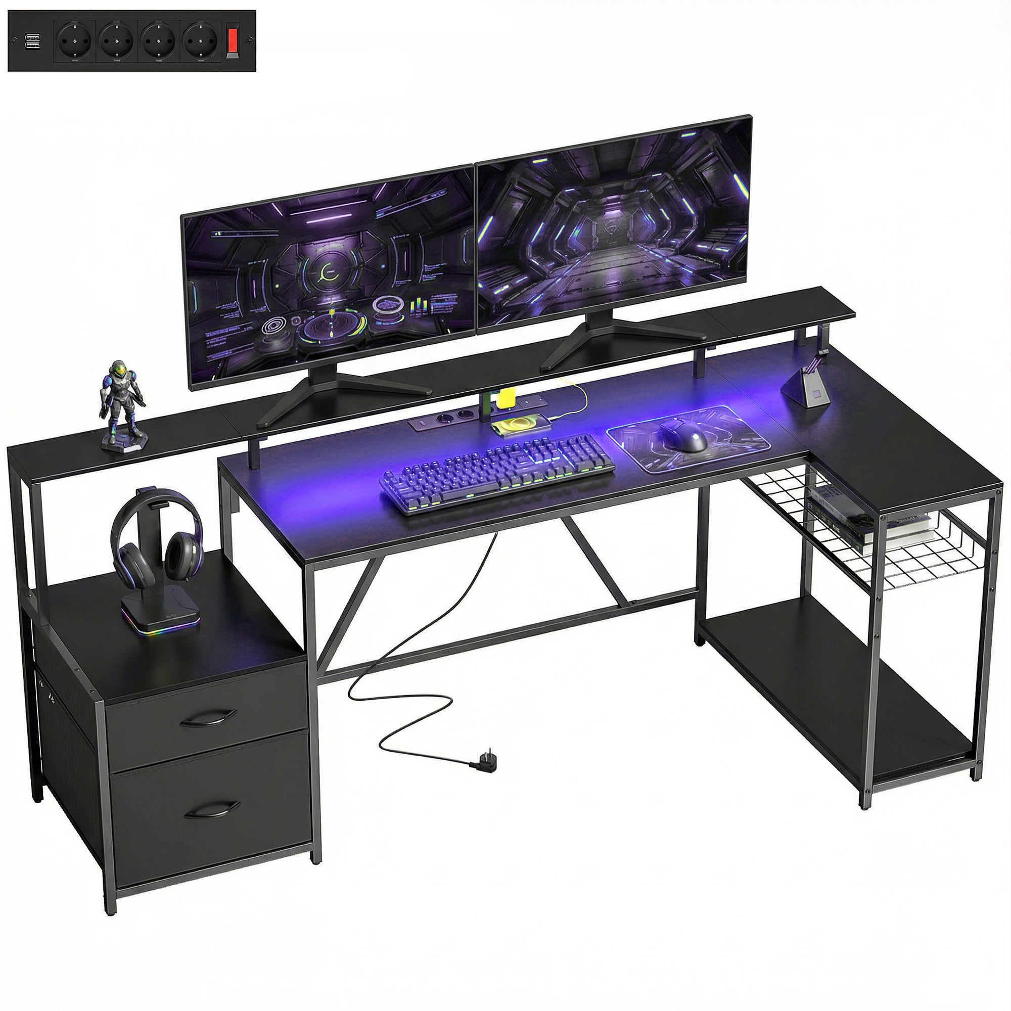 Biurko gamingowe narożne ze stacją ładującą, oświetleniem LED i podstawką pod monitor, wykonane z drewna i stali, 192,5 x 80 x 86,5 cm, czarne
