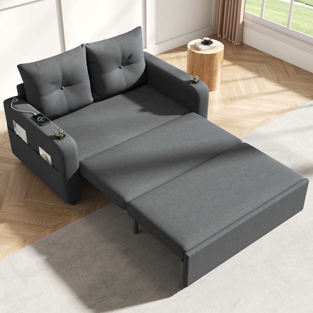 Sofa 3 w 1 rozkładana, dwuosobowa z uchwytem na kubek, kieszeniami bocznymi, poduszkami, USB, nowoczesny design, szara
