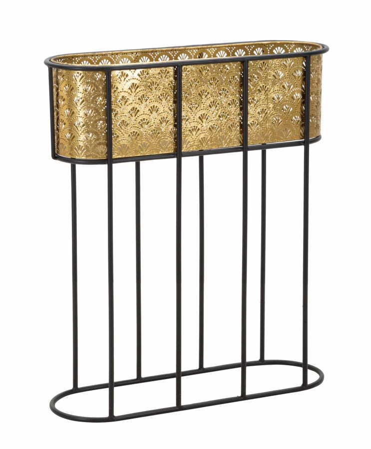 Złoty i czarny owalny stojak na rośliny – rzeźbiony metalowy stojak na rośliny z czarnym metalowym cokołem, 60x20x70 cm – styl glamour – Parent 940