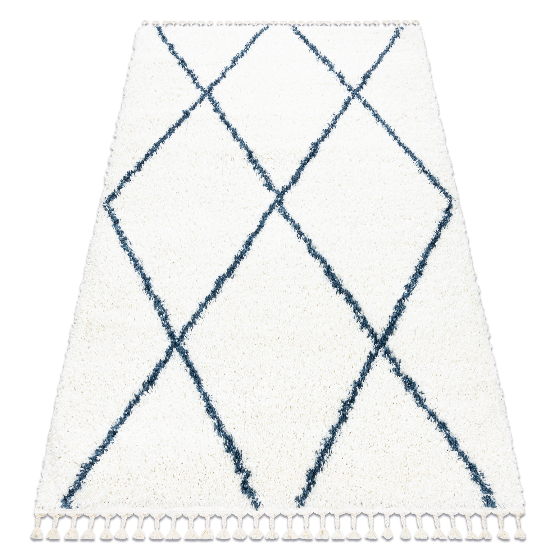 Dywan UNION 3683 Kratka, trellis krem / niebieski Frędzle berberyjski marokański shaggy 140x190 cm