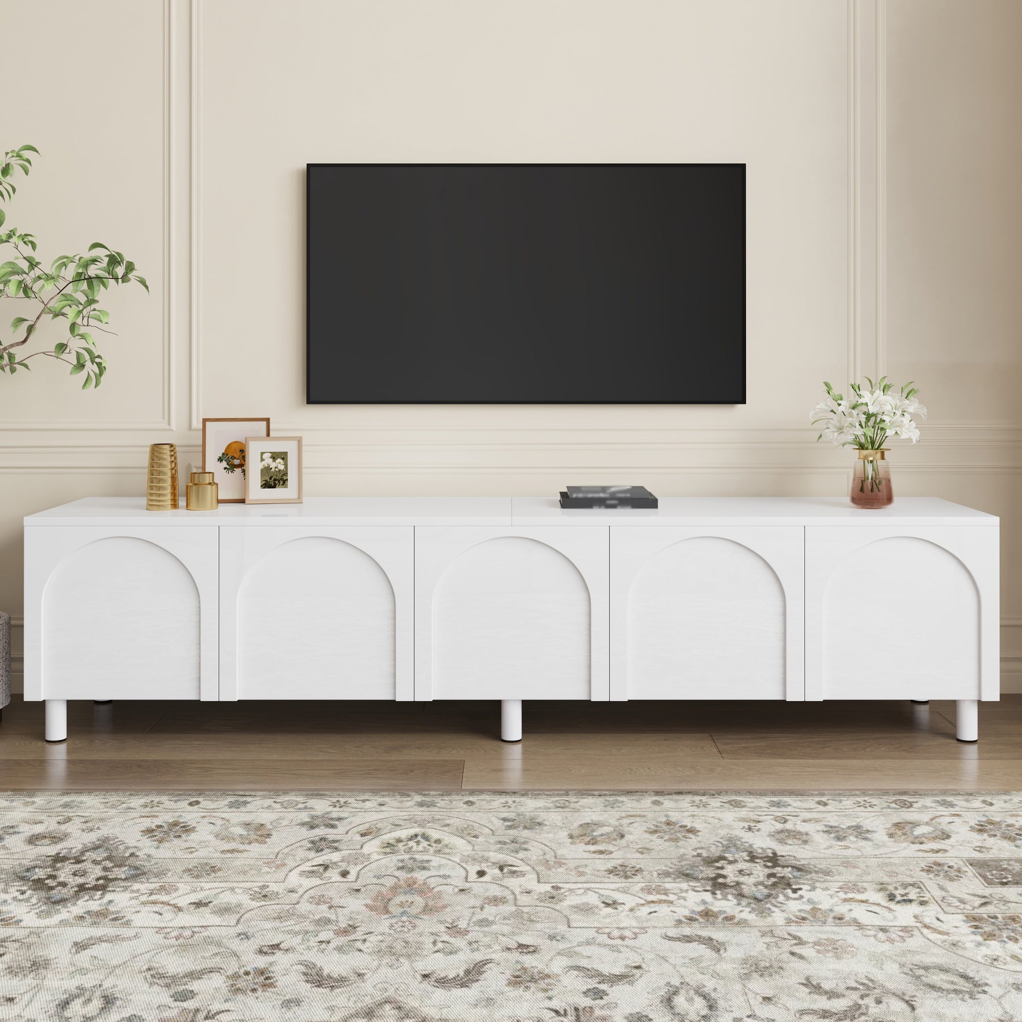 Szafka RTV z 5 drzwiami łukowymi i zintegrowaną przestrzenią do przechowywania - 180 x 38 x 45 cm - Płyta wiórowa i MDF - Nogi metalowe - Biały