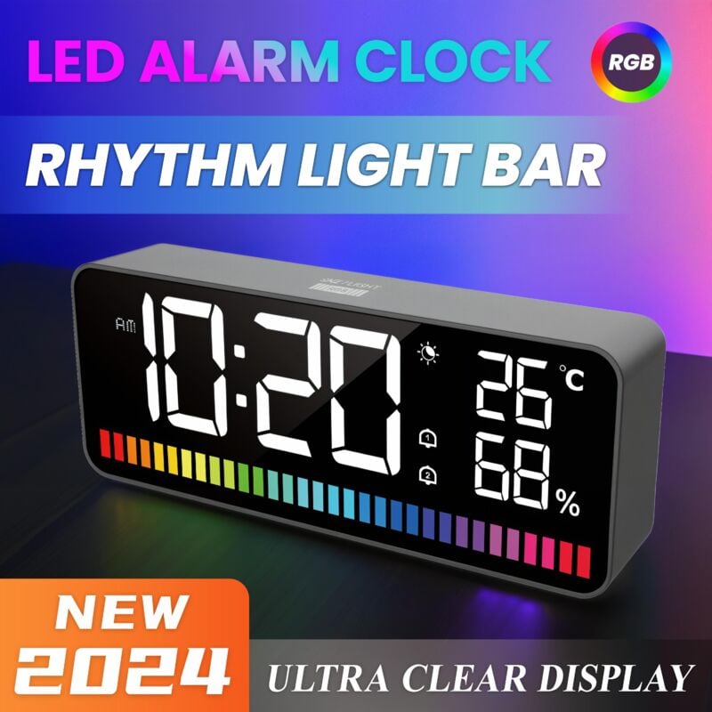Zegar LED z rytmiczną listwą świetlną, wyposażony w 15 rodzajów wyświetlania/15 kolorów wyświetlania/2 regulowane listwy świetlne w kolorze RGB