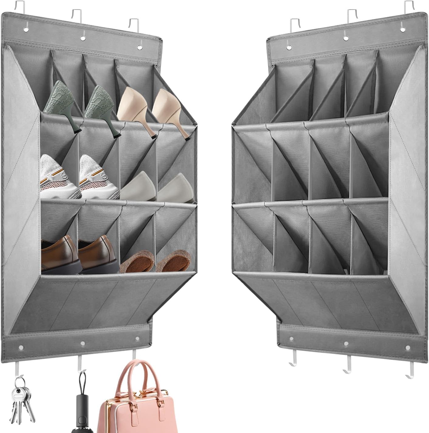 Organizer na buty kempingowe z 12 dużymi kieszeniami, półką na buty, drzwiami montowanymi na ścianie, z 6 haczykami, miejsce na buty