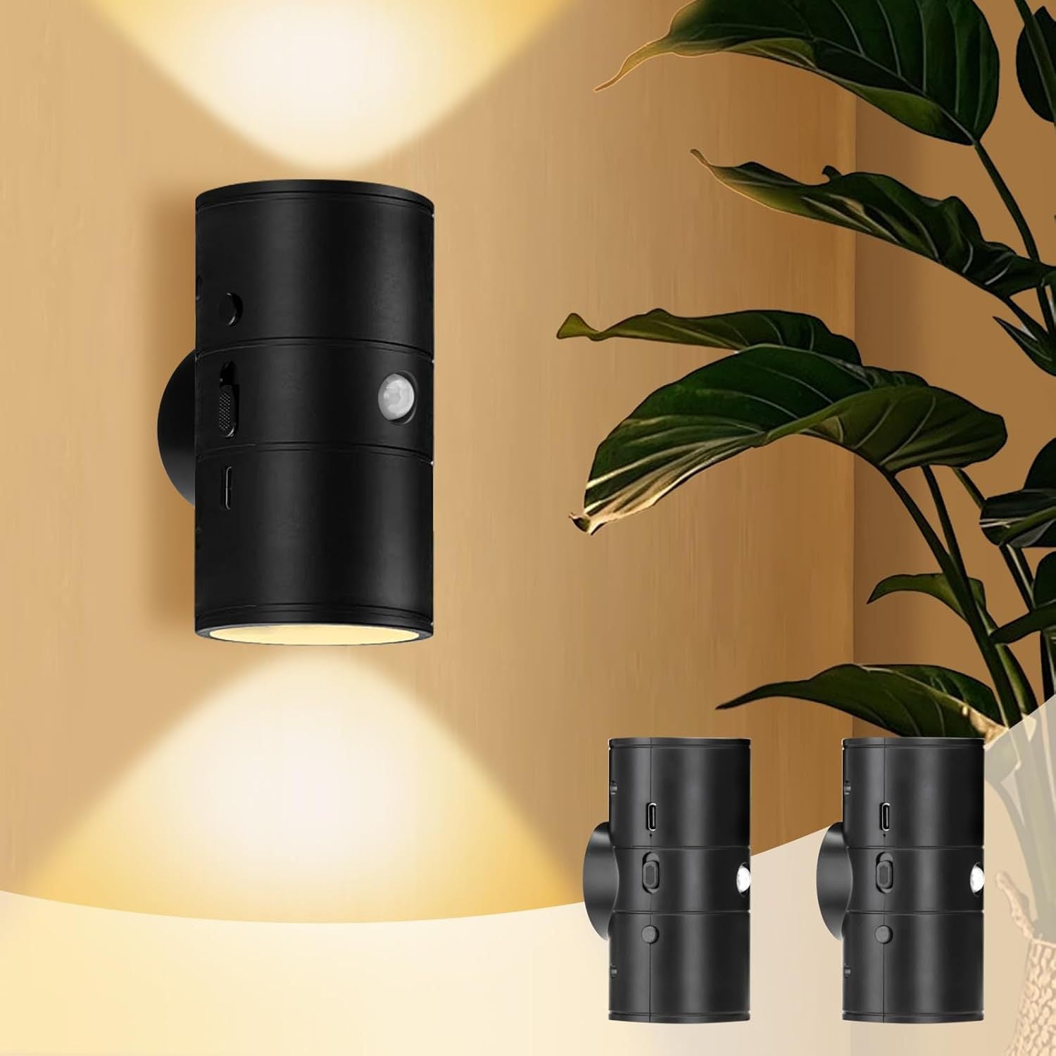 2 bezprzewodowe lampki nocne LED z czujnikiem ruchu, magnetyczne oświetlenie wewnętrzne obracane o 360°, kinkiet do korytarza, kuchni, czarny