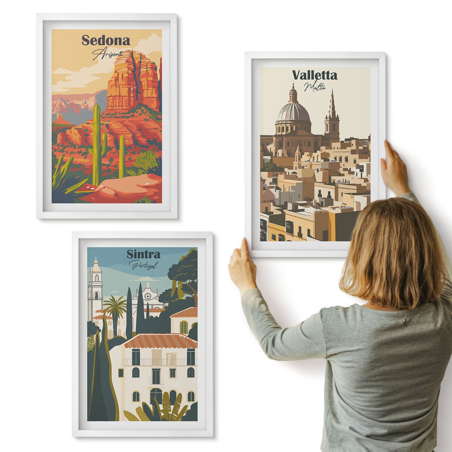 Galeria ścienna 3-częściowy komplet obrazów w białych ramach - Widoki miast Sedona Sintra Valletta w stylu retro - ArtPrintCave